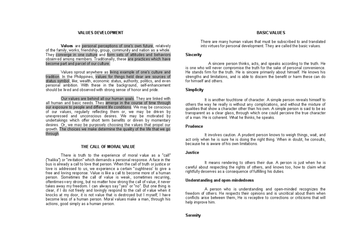 Values- Development - VALUES DEVELOPMENT Values are personal ...