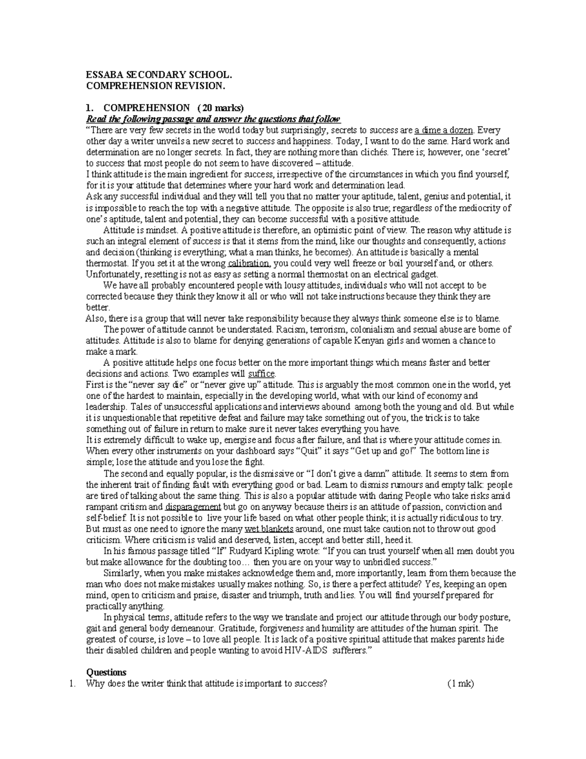 Comprehension Revision - ESSABA SECONDARY SCHOOL. COMPREHENSION ...