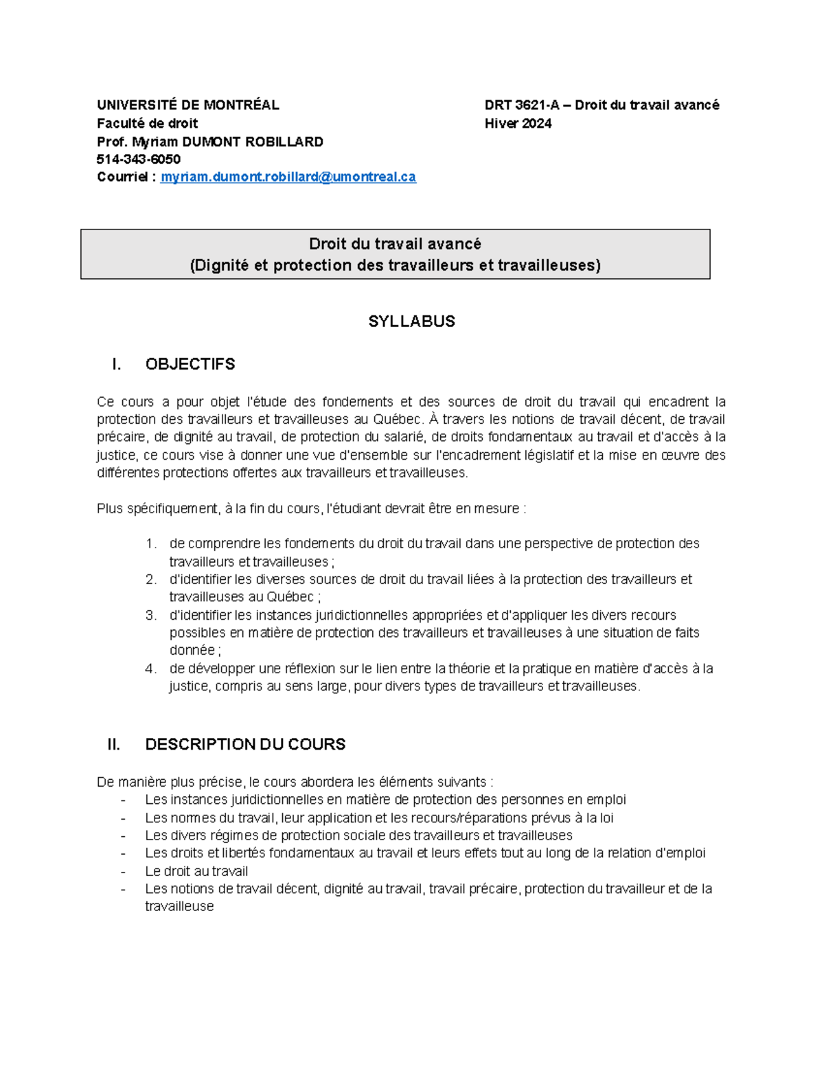 Plan de cours - UNIVERSITÉ DE MONTRÉAL DRT 3621-A – Droit du travail ...