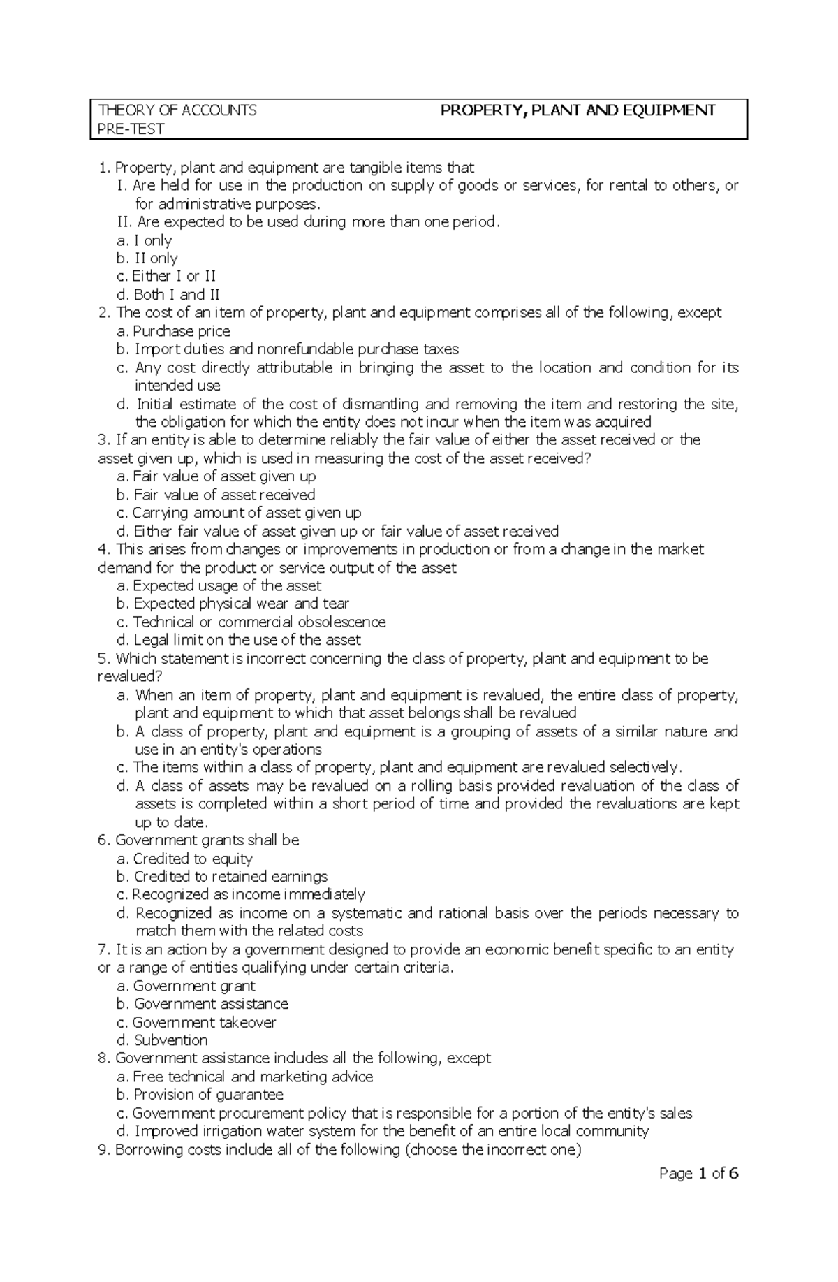 PPE Pretest Students - Ahhahahaha - Page 1 of 6 THEORY OF ACCOUNTS ...