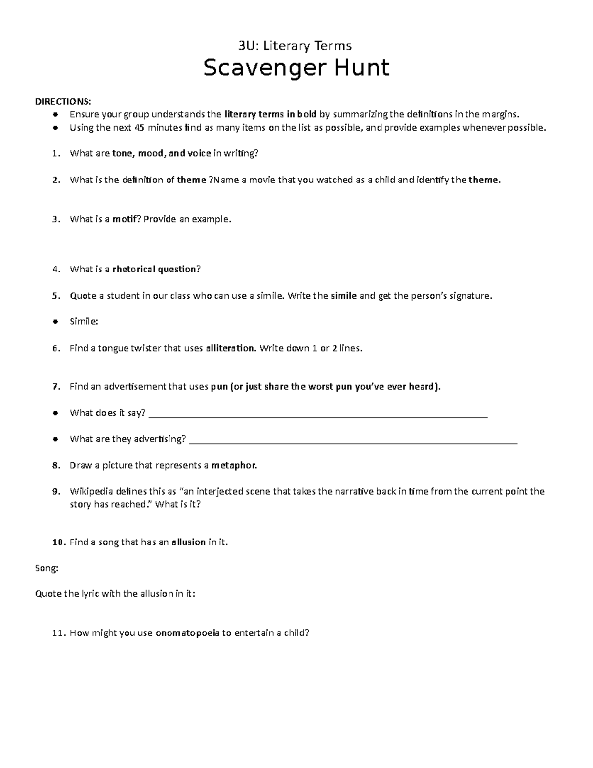 ENG3U-Literary Terms Scavenger Hunt - 3U: Literary Terms Scavenger Hunt ...