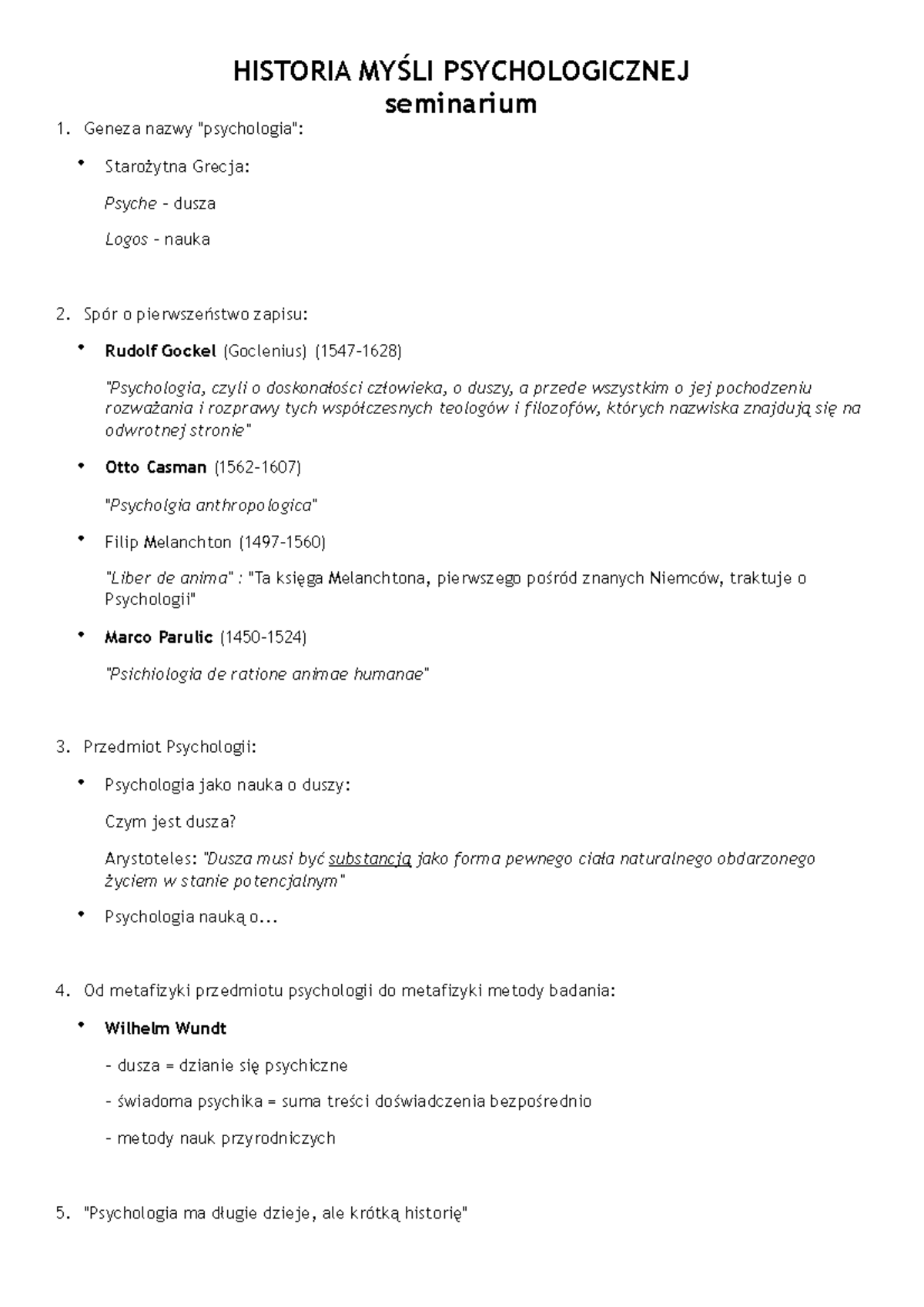 Historia myśli psychologicznej notatki - seminarium Geneza nazwy