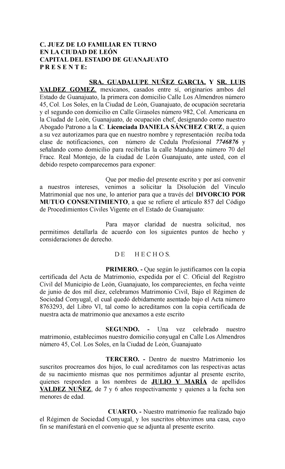 Formato Juicio de Divorcio Voluntario guanajuato - C. JUEZ DE LO FAMILIAR  EN TURNO EN LA CIUDAD DE - Studocu