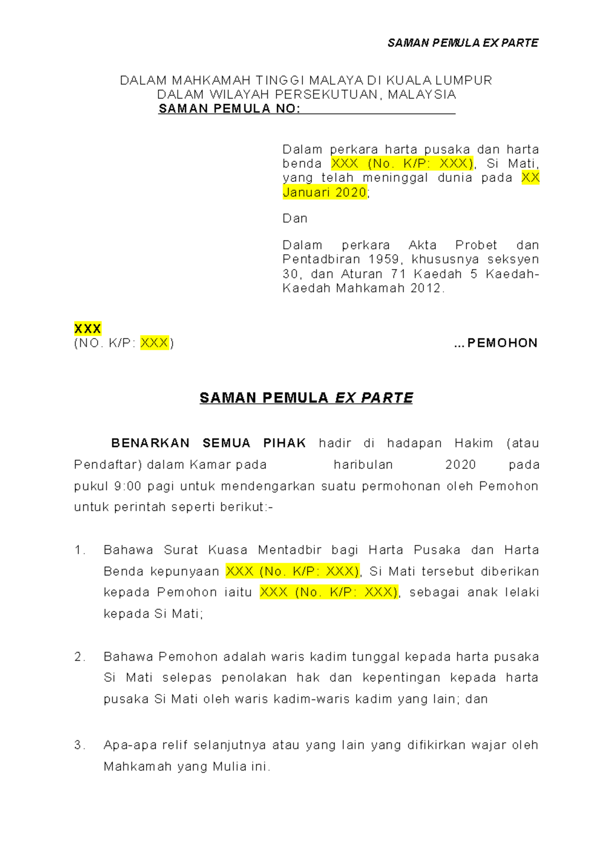 Originating Summons Form For Letter Of Administration SAMAN PEMULA EX 