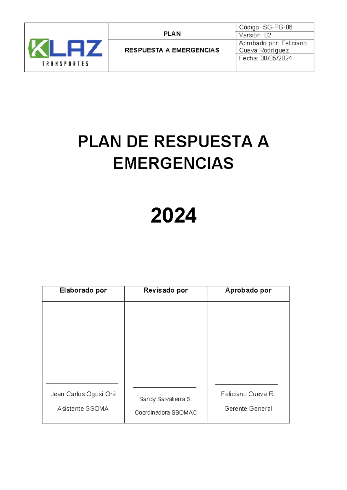 PLAN DE Contingencias Y Respuesta A Emergencias KLAZ 2024 - PLAN ...
