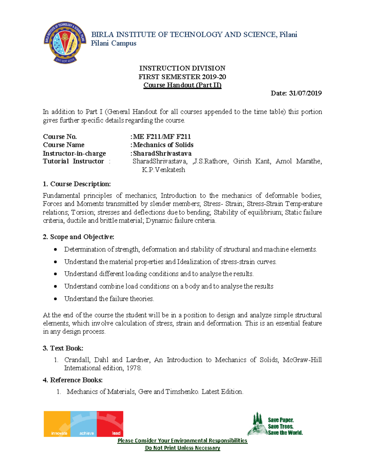 Handout - Course No. :ME F211/MF F Course Name :Mechanics Of Solids ...