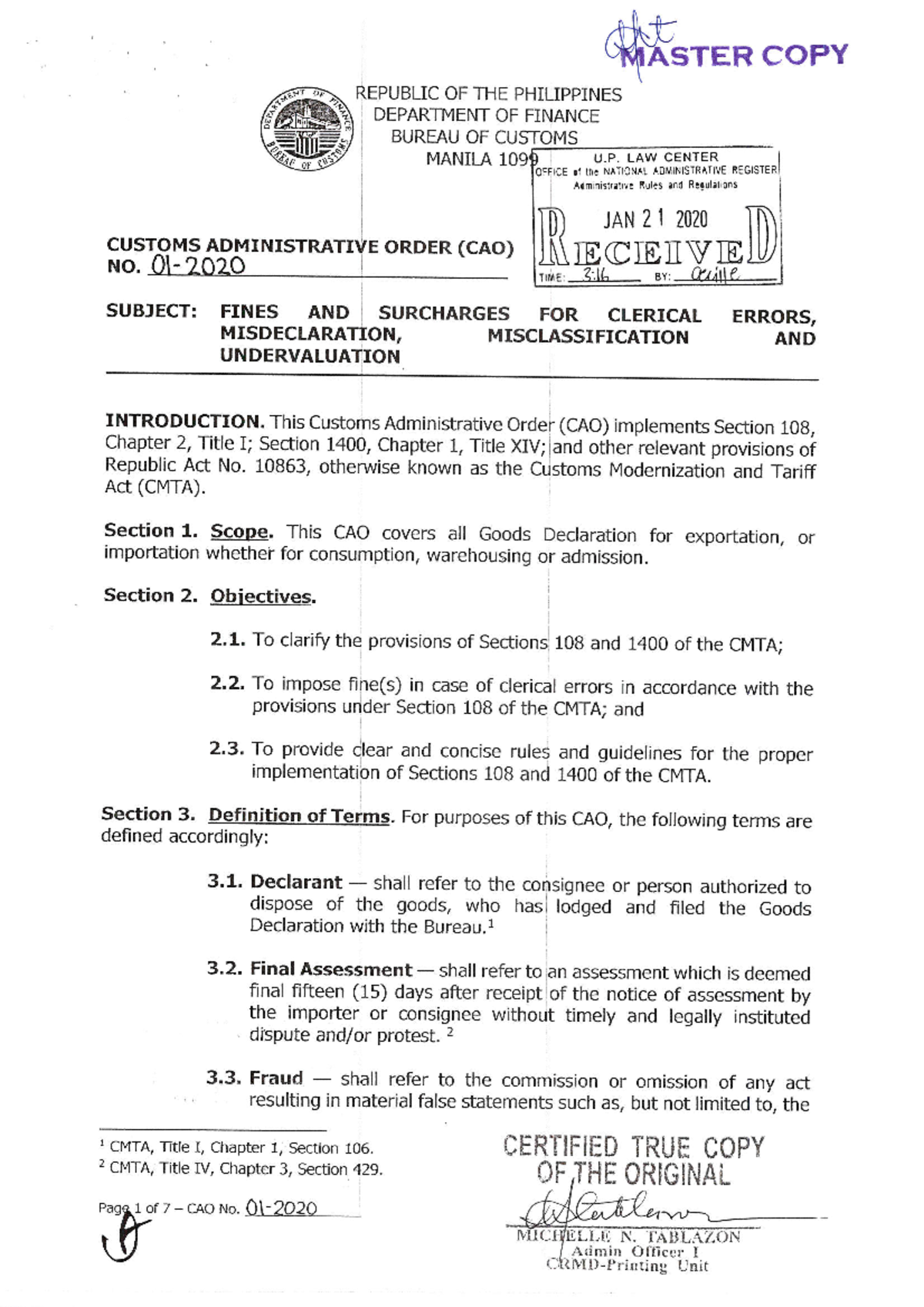 CAO 01-2020-Fines and Surcharges for Clerical Error - Customs ...