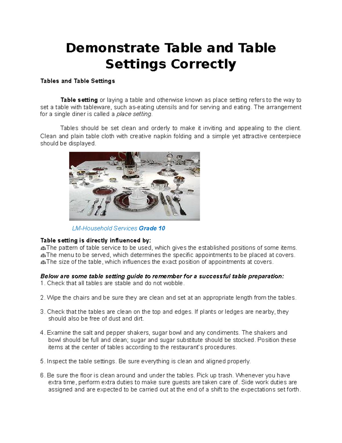 Lesson 3 This is about Household Services Demonstrate Table and
