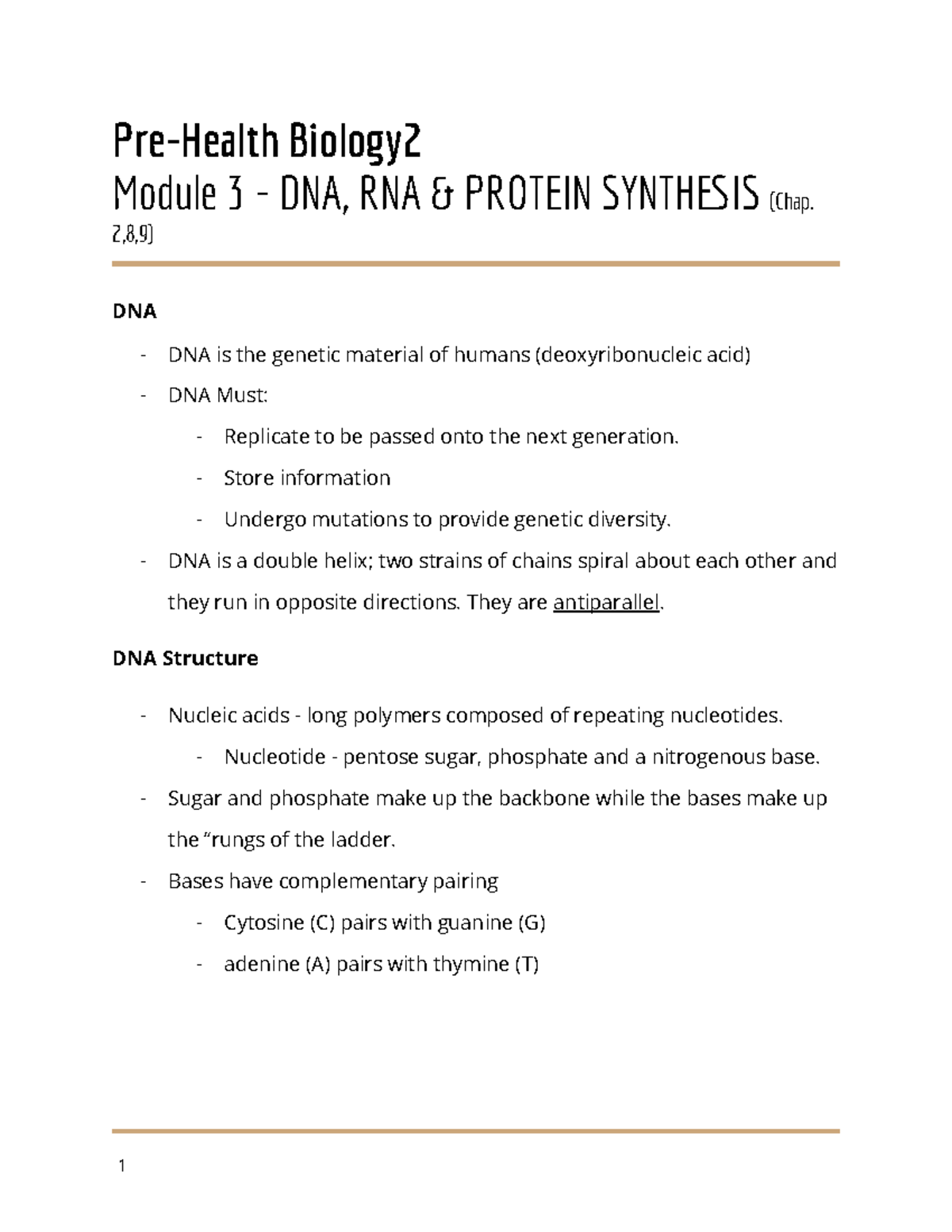 Biology 2 - Module 3 - Pre-Health Biology Module 3 - DNA, RNA & PROTEIN ...