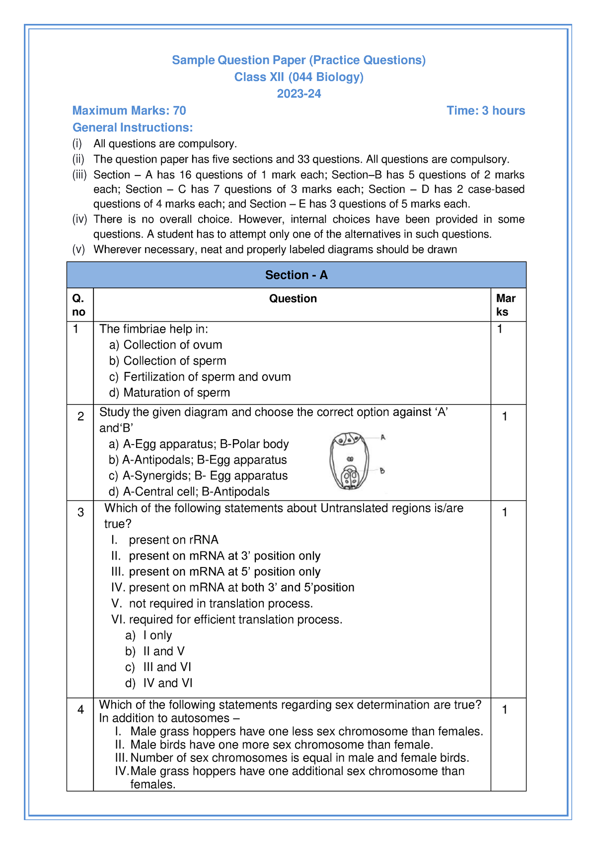 Biology-PQ2 - Practice - Sample Question Paper (Practice Questions ...