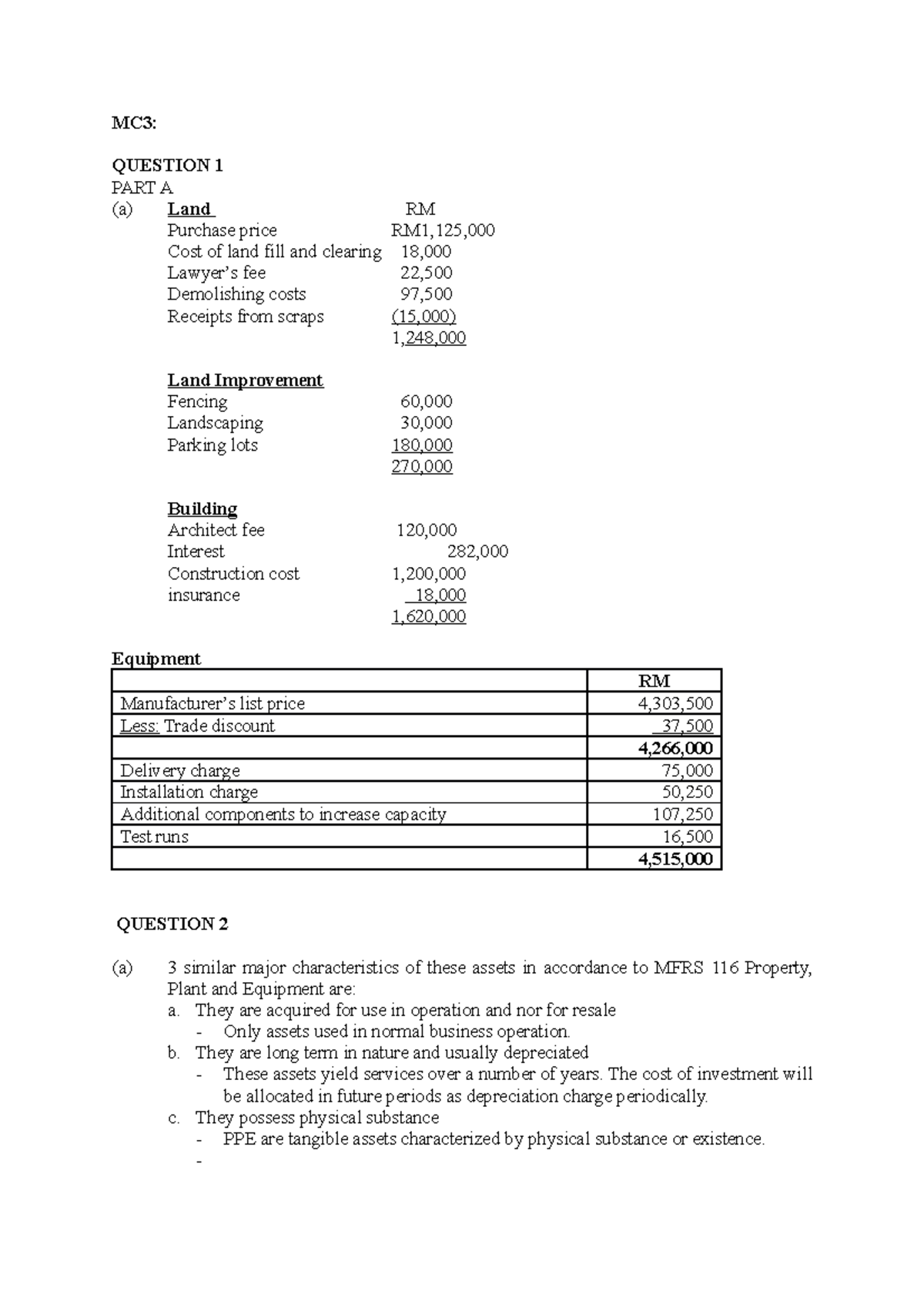 All MCs answers - MC ANSWER - MC3: QUESTION 1 PART A (a) Land RM ...