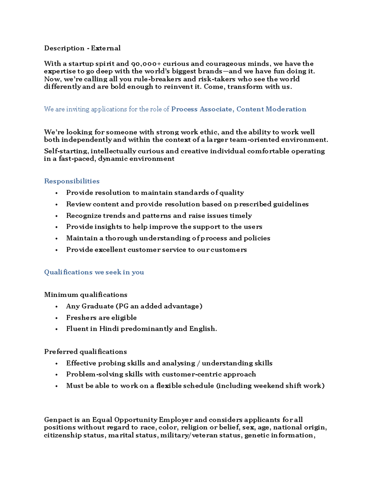 Process Associate Content Moderation - Description - External With a ...