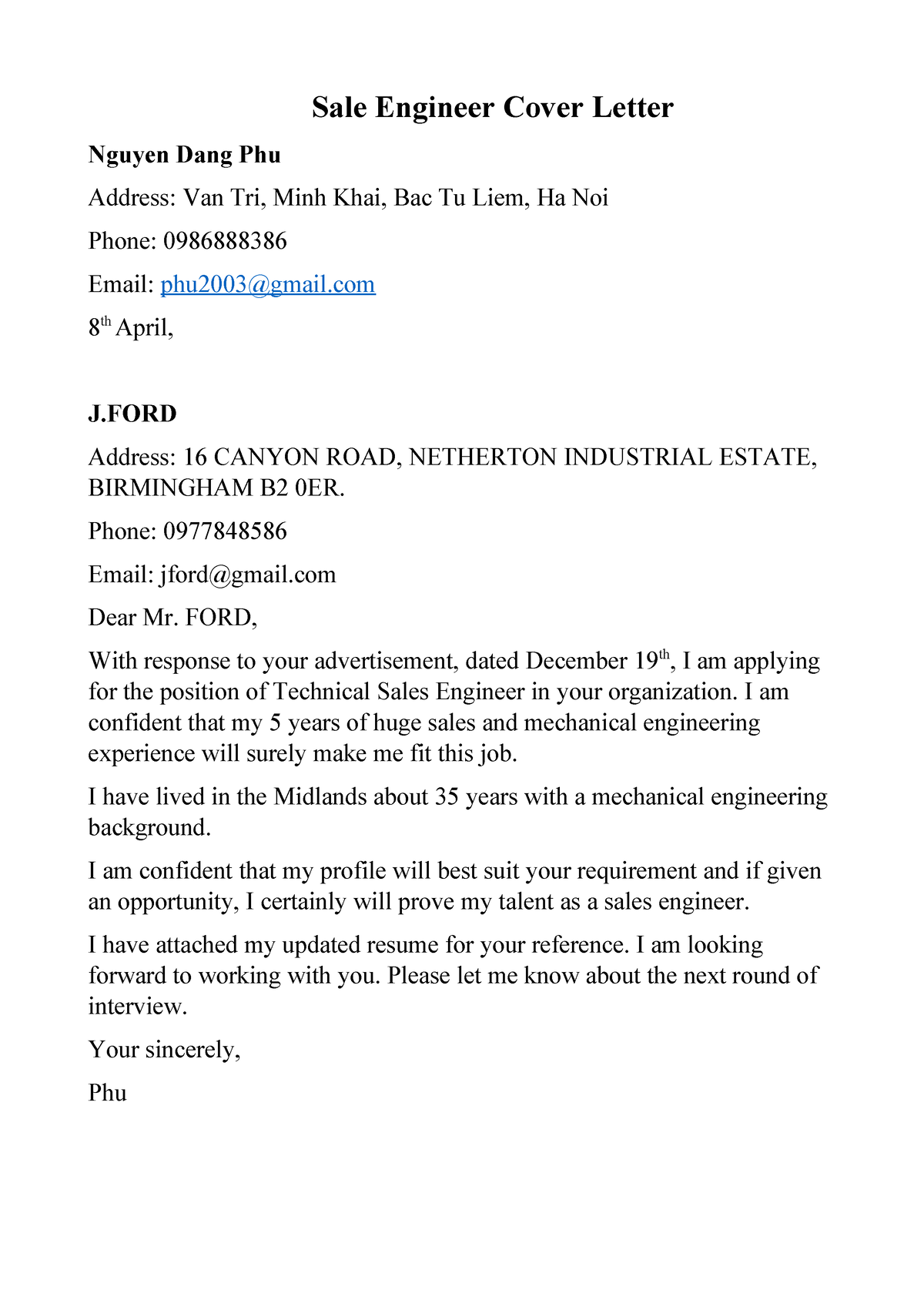 Writing Unit 5 - Sale engineer - Sale Engineer Cover Letter Nguyen Dang ...