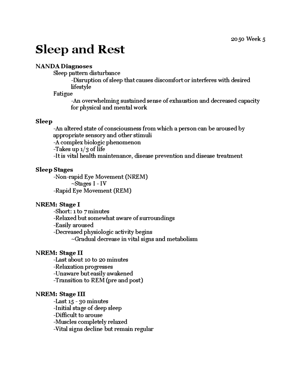 2050 Sleep + Rest Outline 2 050 Week 5 Sleep and Rest NANDA Diagnoses
