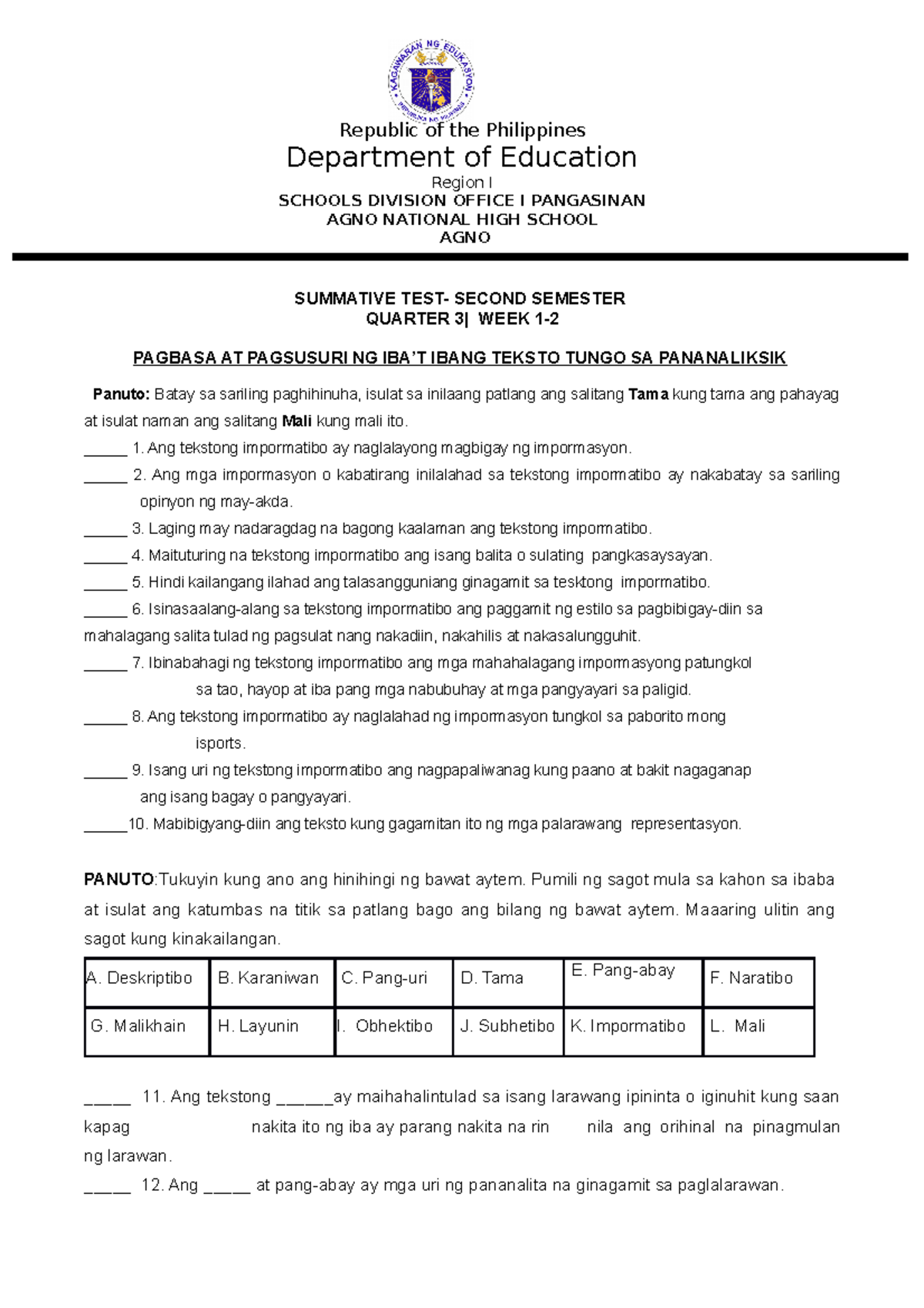 1 Summative TEST w1 4 studes 2 - Department of Education Region I ...