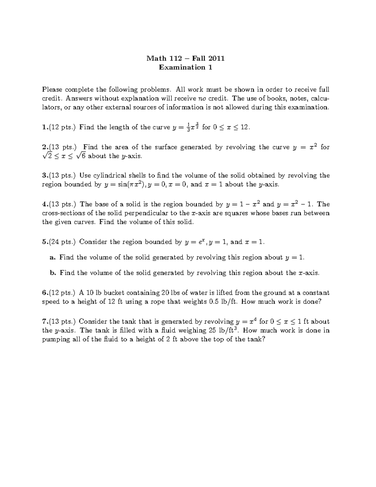 Math 112 Exam I - Fall 2011 - Math 112 – Fall 2011 Examination 1 Please ...