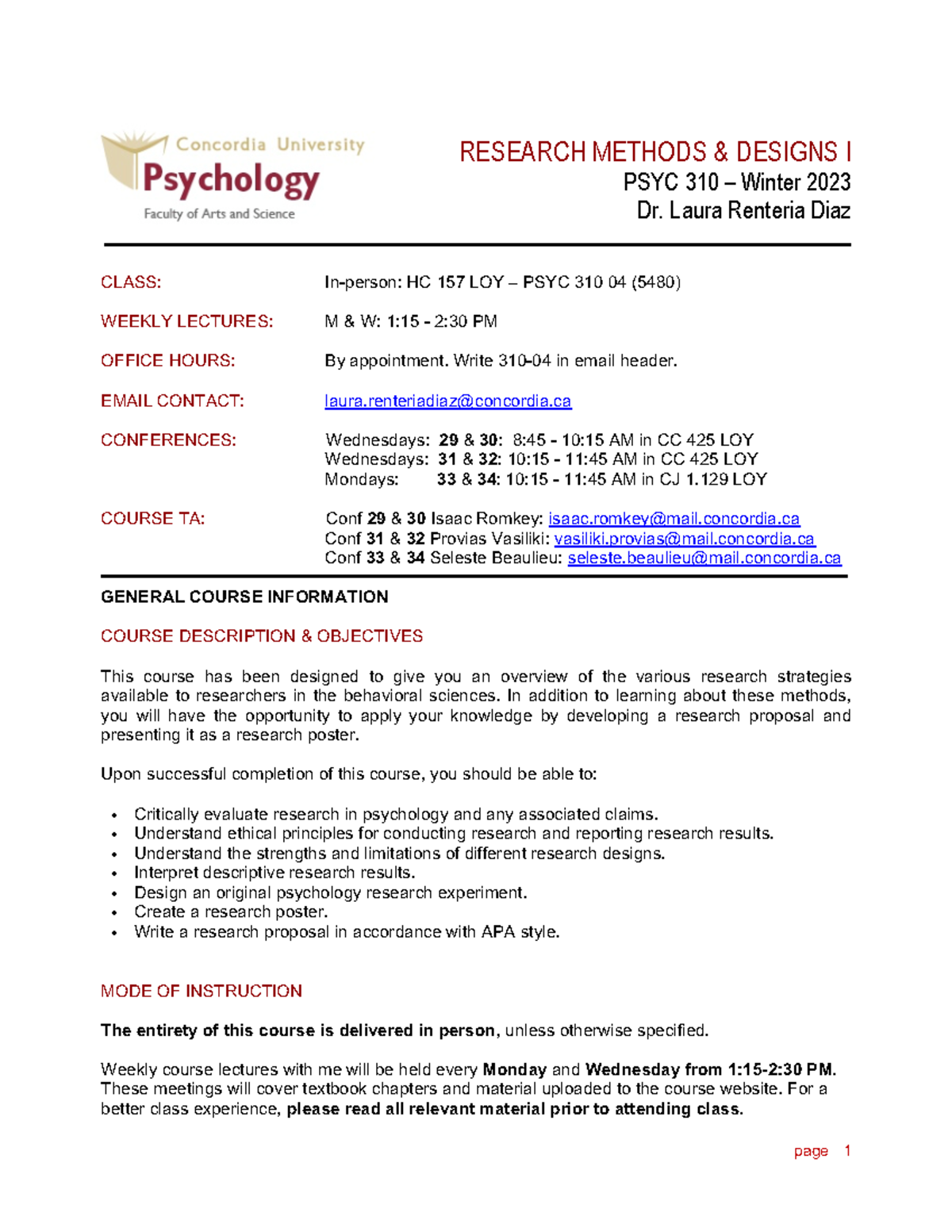PSYC310 - Course Outline - RESEARCH METHODS & DESIGNS I PSYC 310 ...