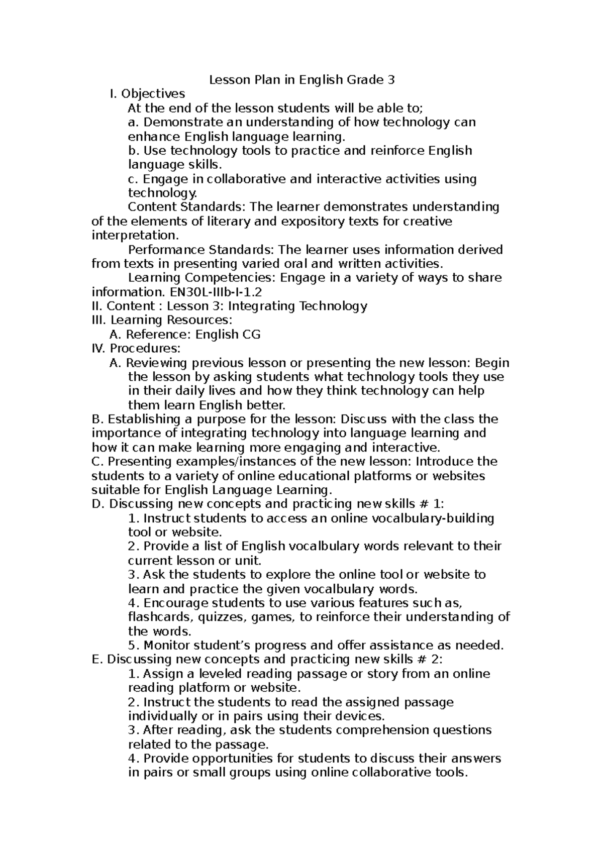 Lesson Plan TTL2 - Lesson Plan in English Grade 3 I. Objectives At the ...
