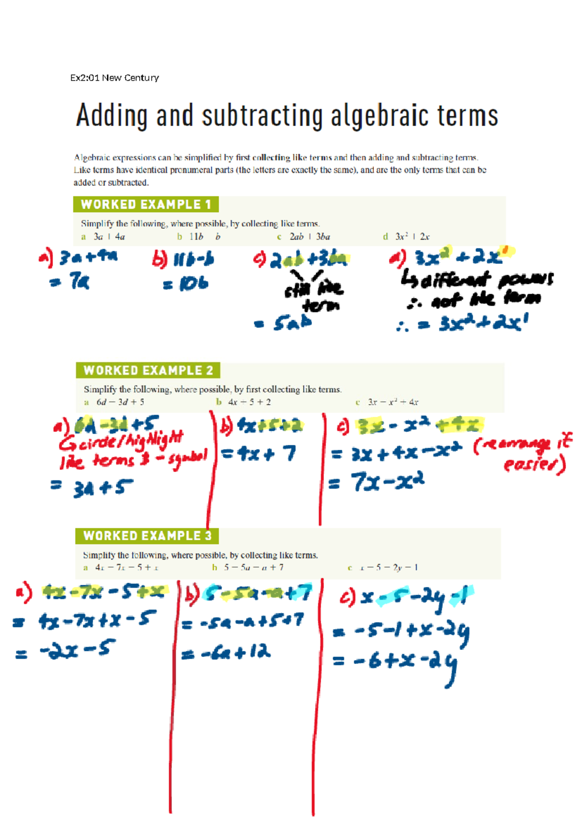 Explanations 1. Adding and subtracting algebraic terms - Ex2:01 New ...