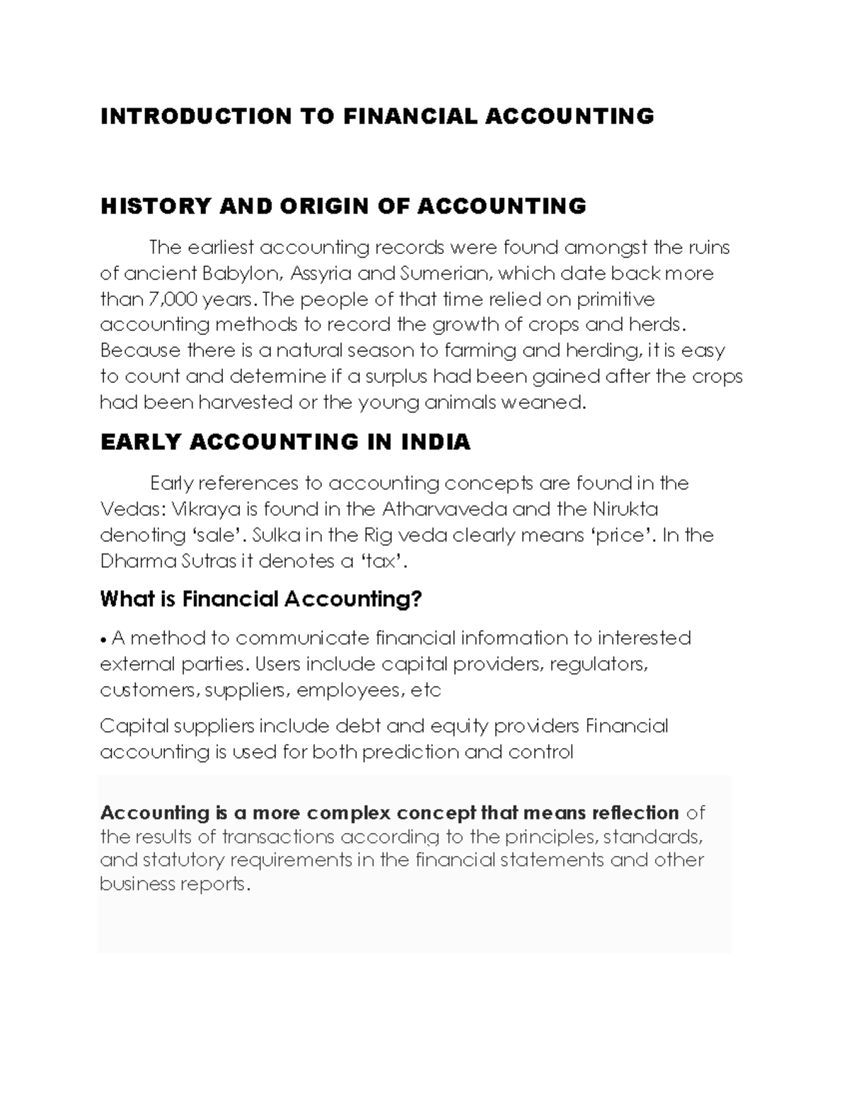 Financial accounting INTRODUCTION TO FINANCIAL ACCOUNTING HISTORY AND