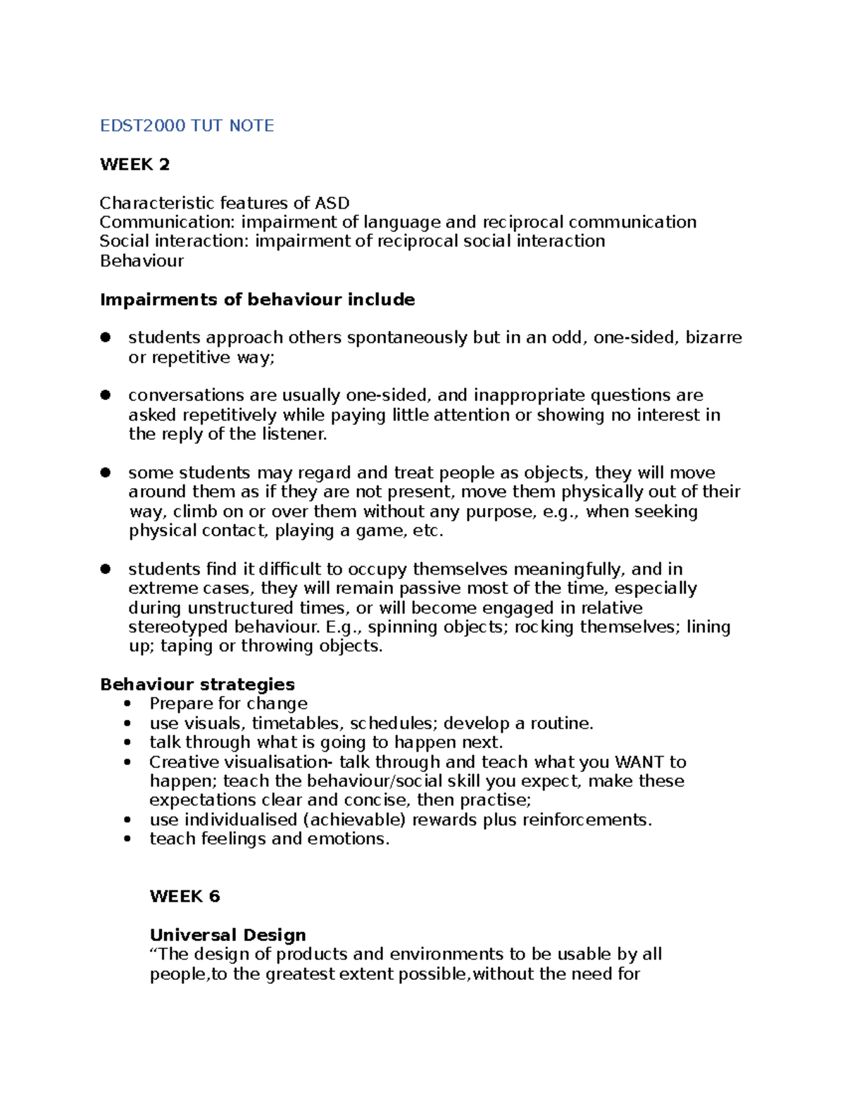 EDST2000 TUT NOTE - EDST2000 TUT NOTE WEEK 2 Characteristic features of ...