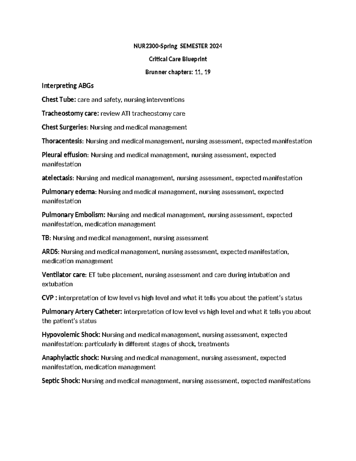 Critical care blueprint NUR2300Spring SEMESTER 2024 Critical Care