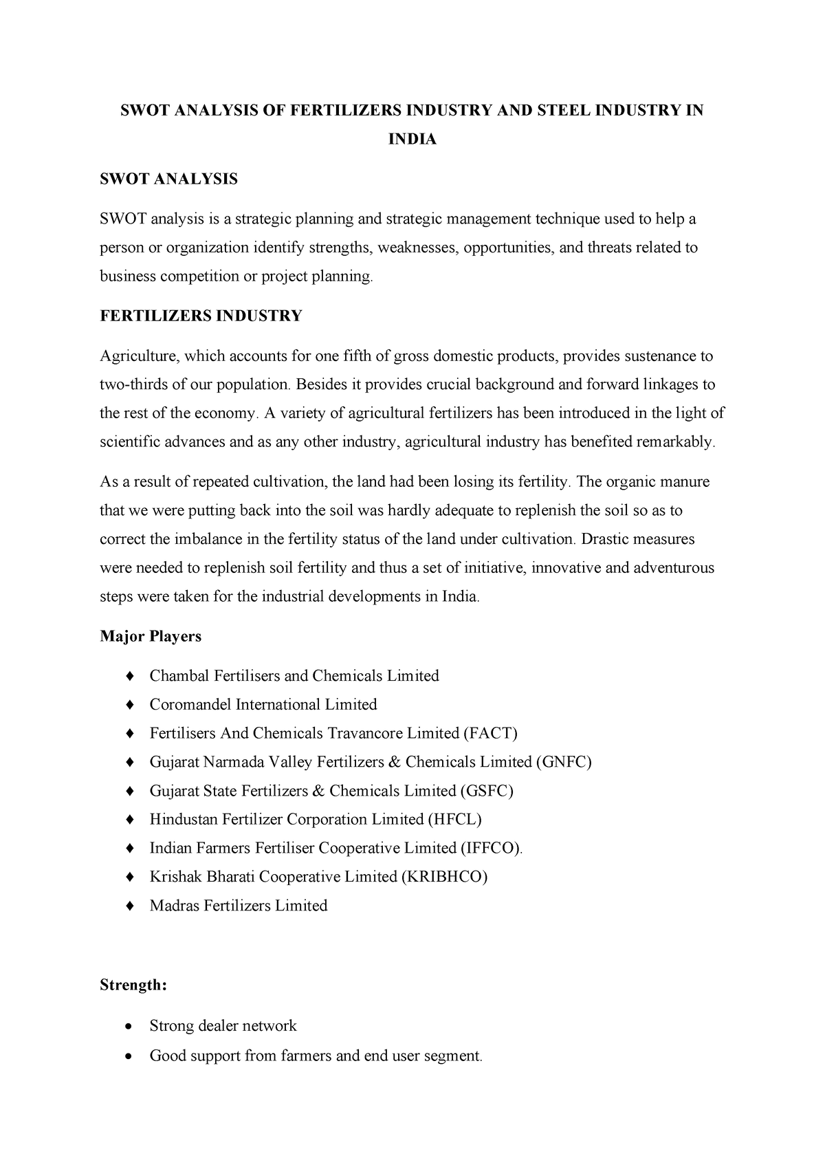 Swot Analysis of Fertilizers and Steel Industry in India - SWOT ...