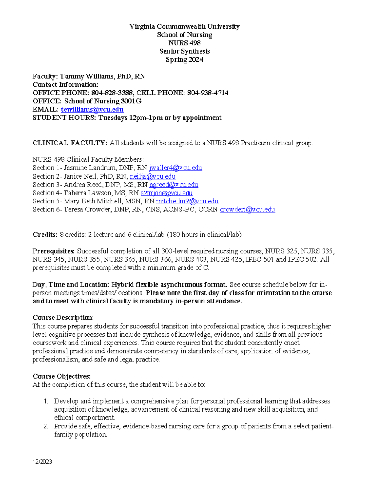 NURS 498 Syllabus Spring 2024 TEW 12.14.2023 - Virginia Commonwealth ...