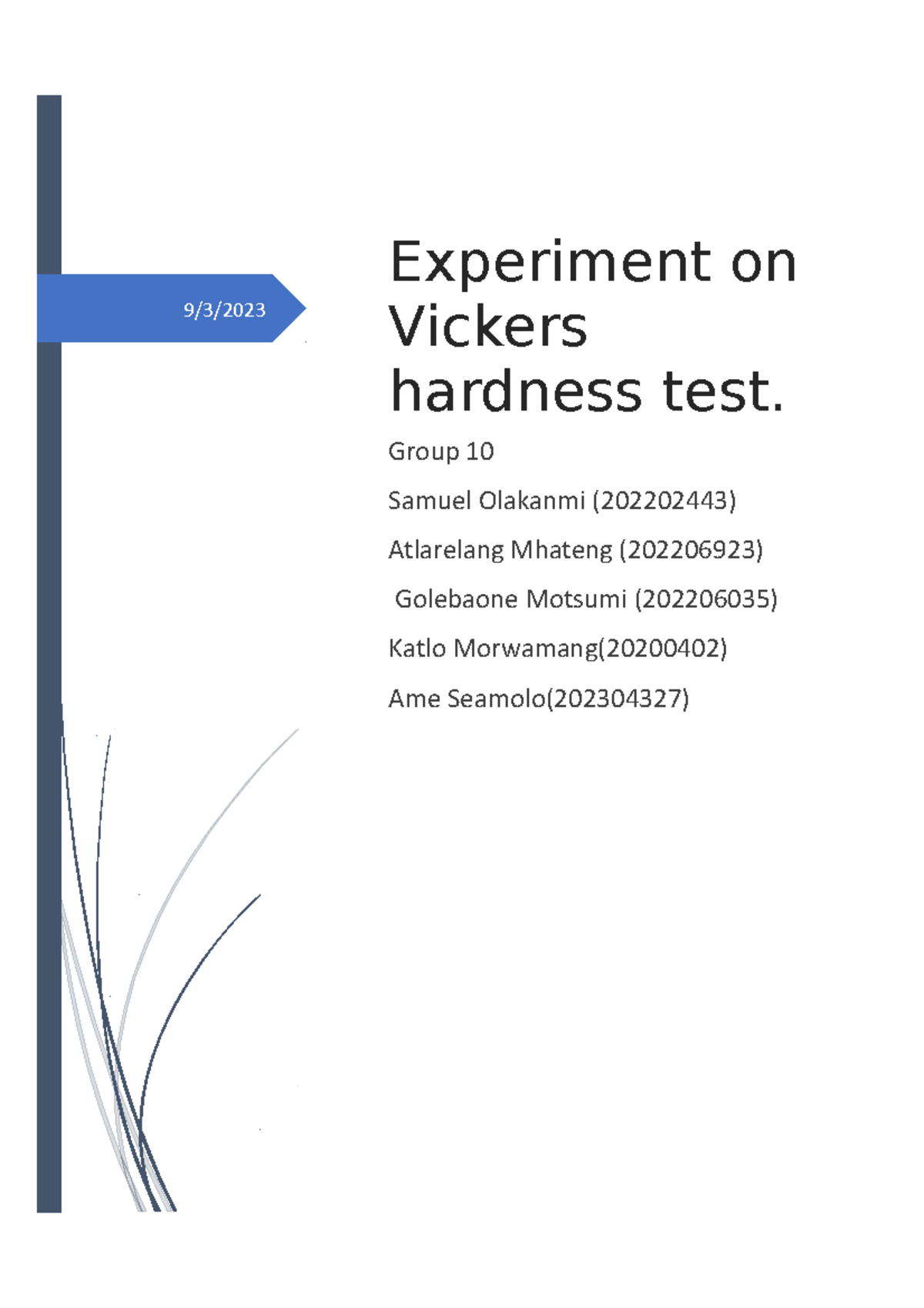 CCB231 Group 10 LAB Report 1 ON Vickers Hardness TEST 9/3/ Experiment