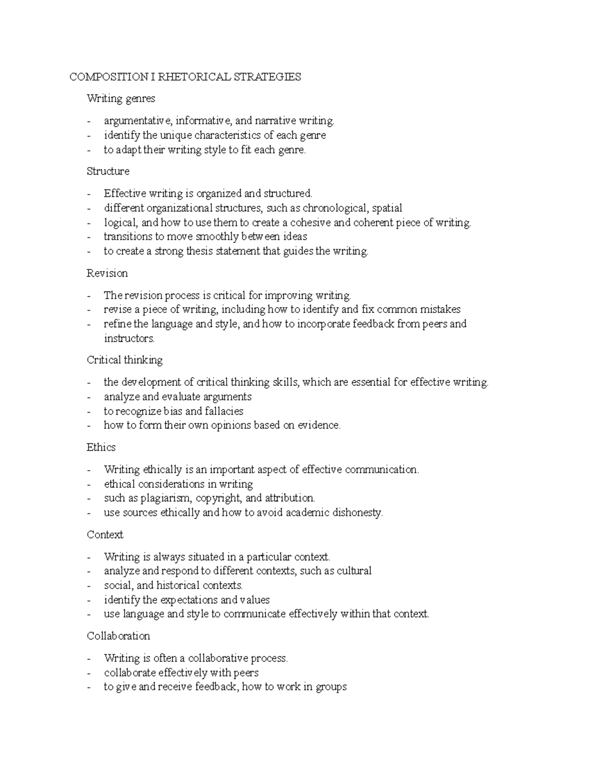 Composition I Rhetorical Strategies Notes 2 - COMPOSITION I RHETORICAL ...