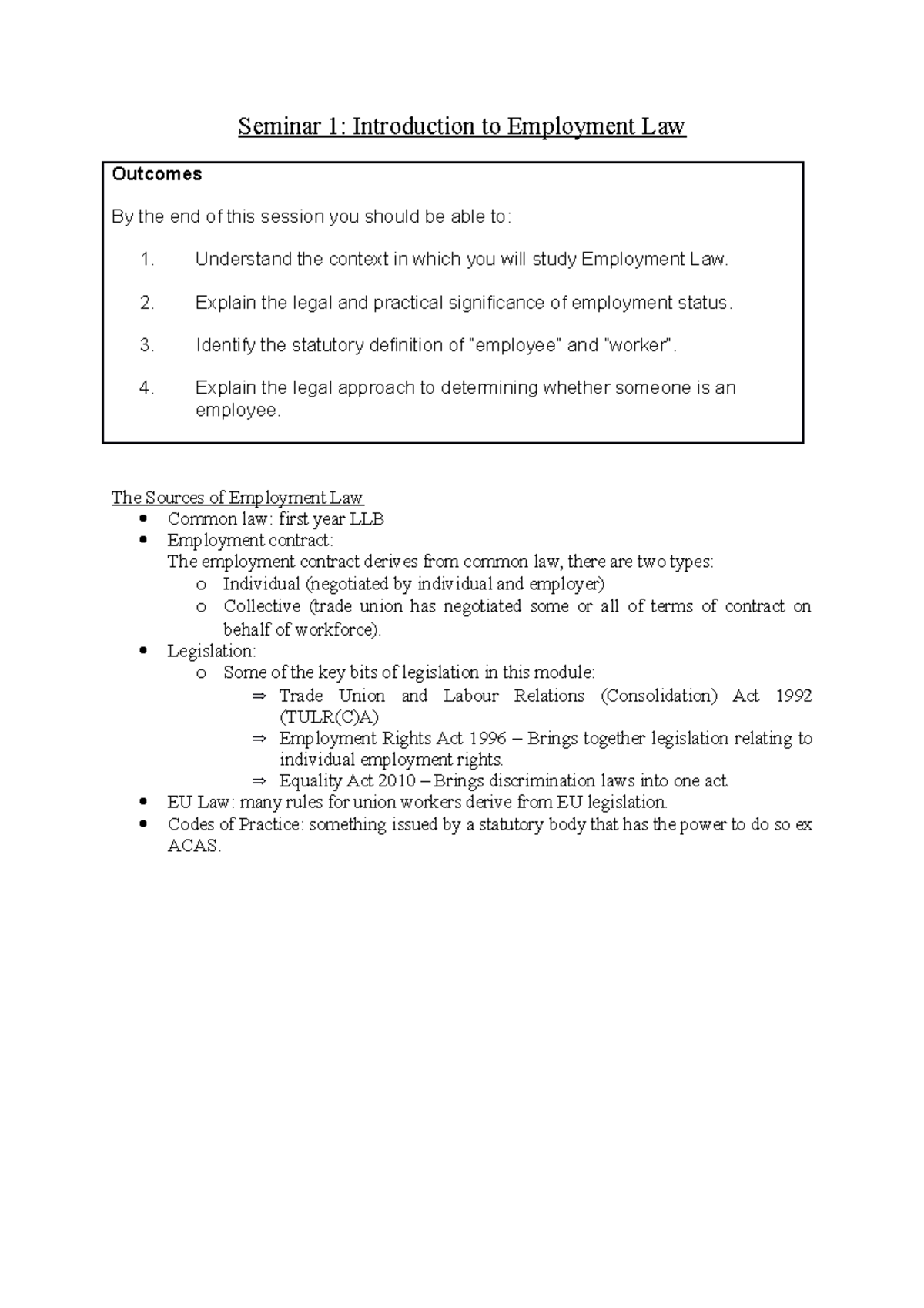 Seminar 1 - lecture 1 notes - Seminar 1: Introduction to Employment Law ...