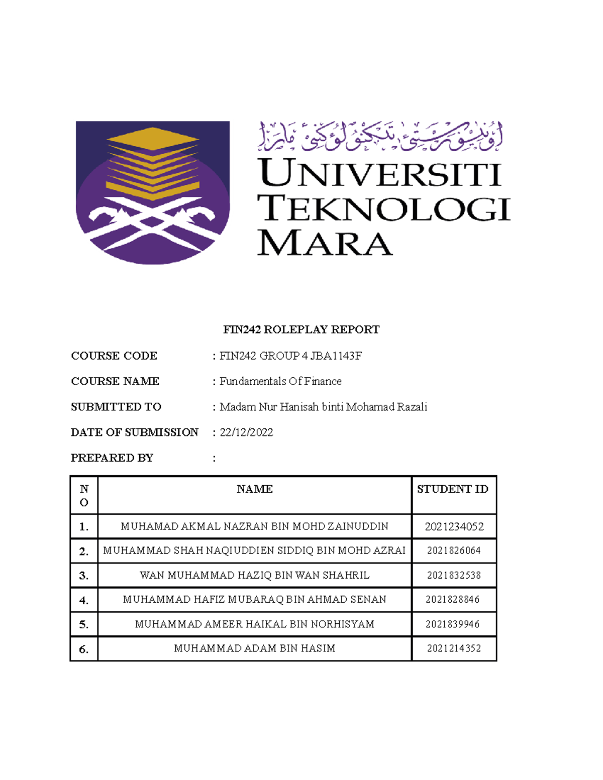 Fin242 Roleplay Report Fin242 Roleplay Report Course Code Fin242