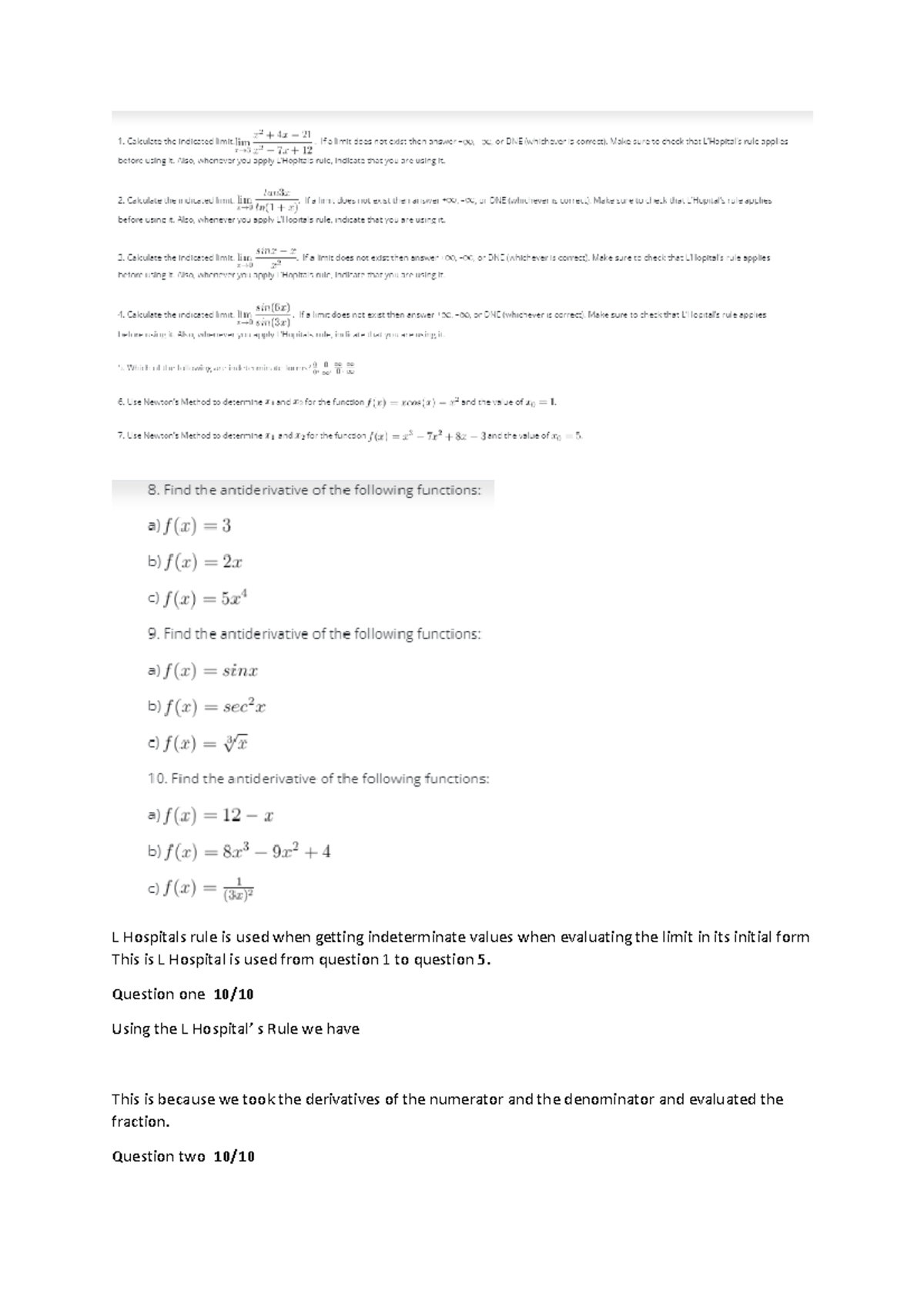 Solutions FOR Assignment Seven OF Calculus - L Hospitals rule is used ...