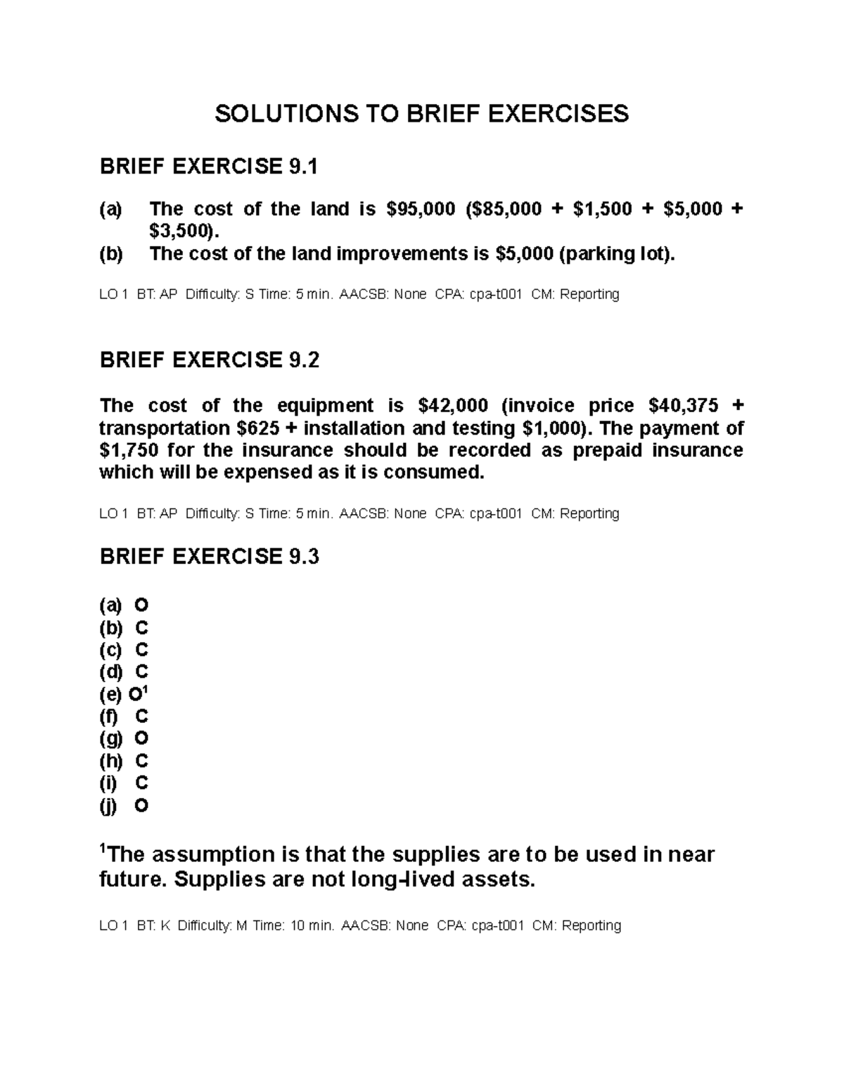 Chapter 9 Solutions TO Brief Exercises AND Exercises SOLUTIONS TO