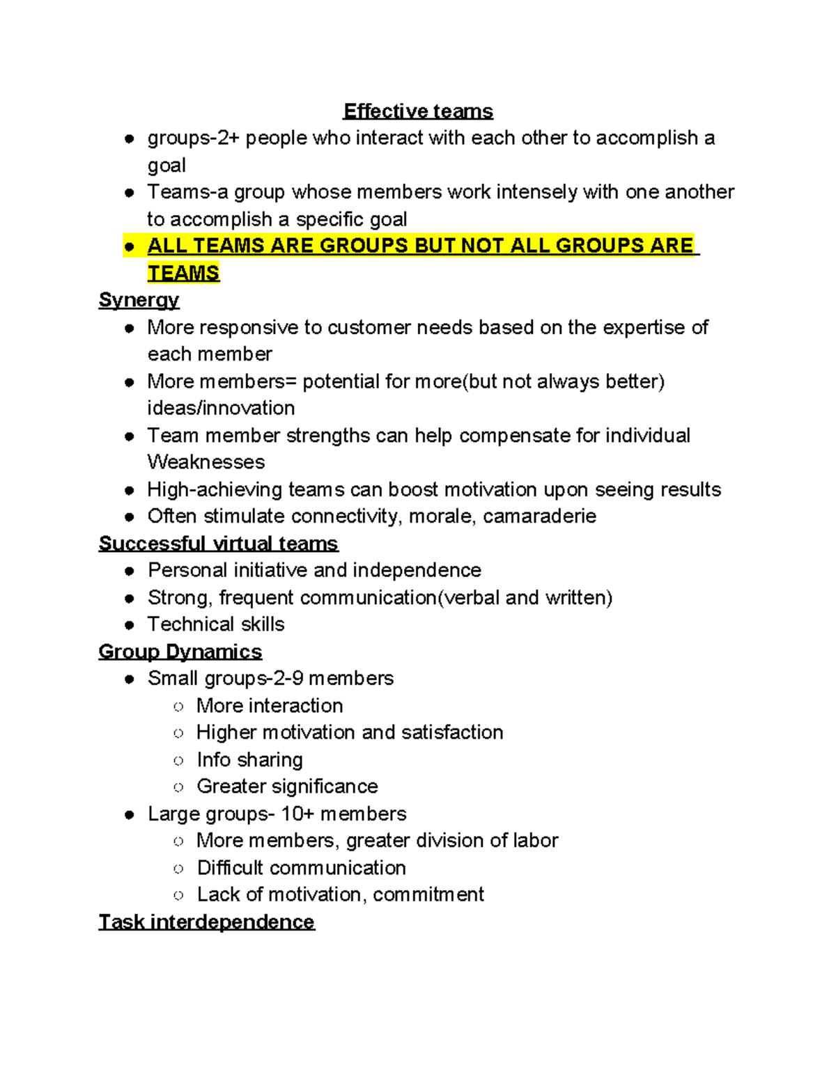 MGT 201 8 28 class notes - Effective teams groups-2+ people who ...