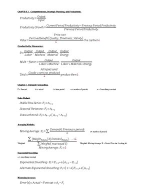 Formula Sheet - Chapter 5 – Strategic Capacity Planning Efficiency ...