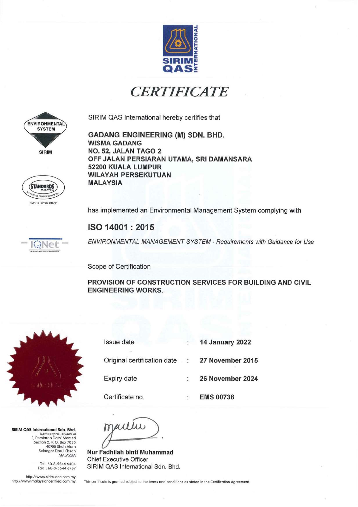 ISO14001 CERT Sirim LTS 2022 - Building Surveying - Studocu