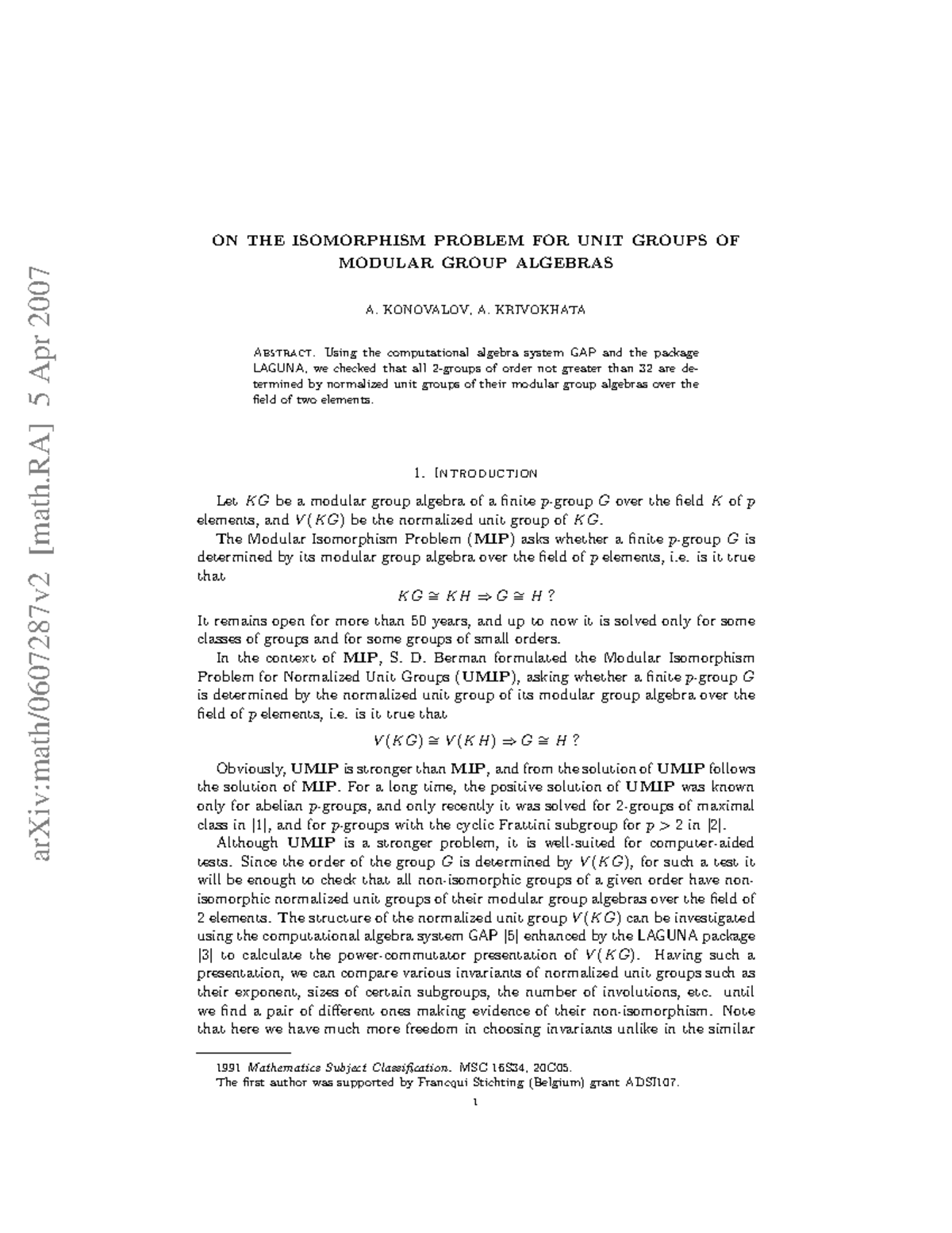 0607287 - Cours - arXiv:math/0607287v2 [math] 5 Apr 2007 ON THE ...
