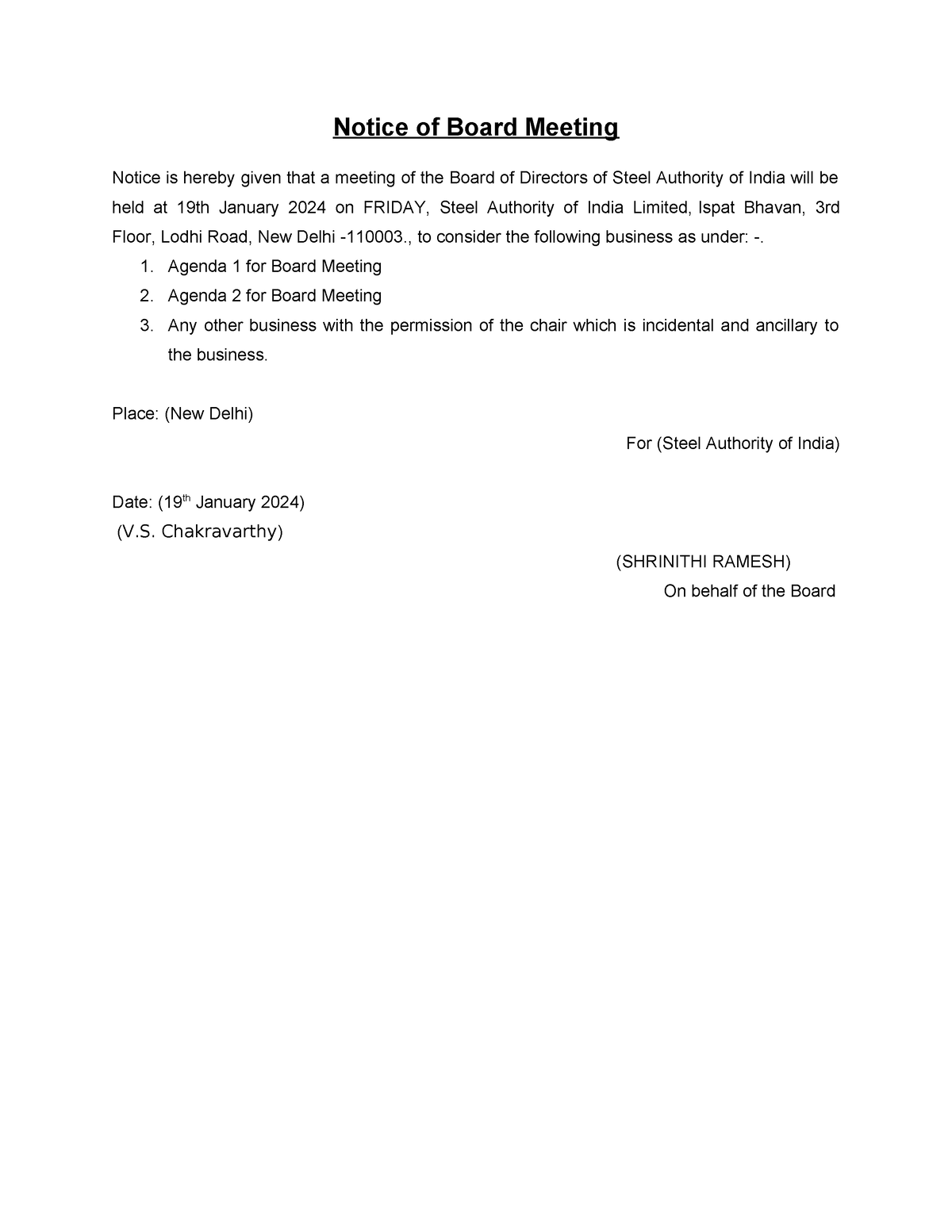 Board Meeting Notice Format - Notice of Board Meeting Notice is hereby ...