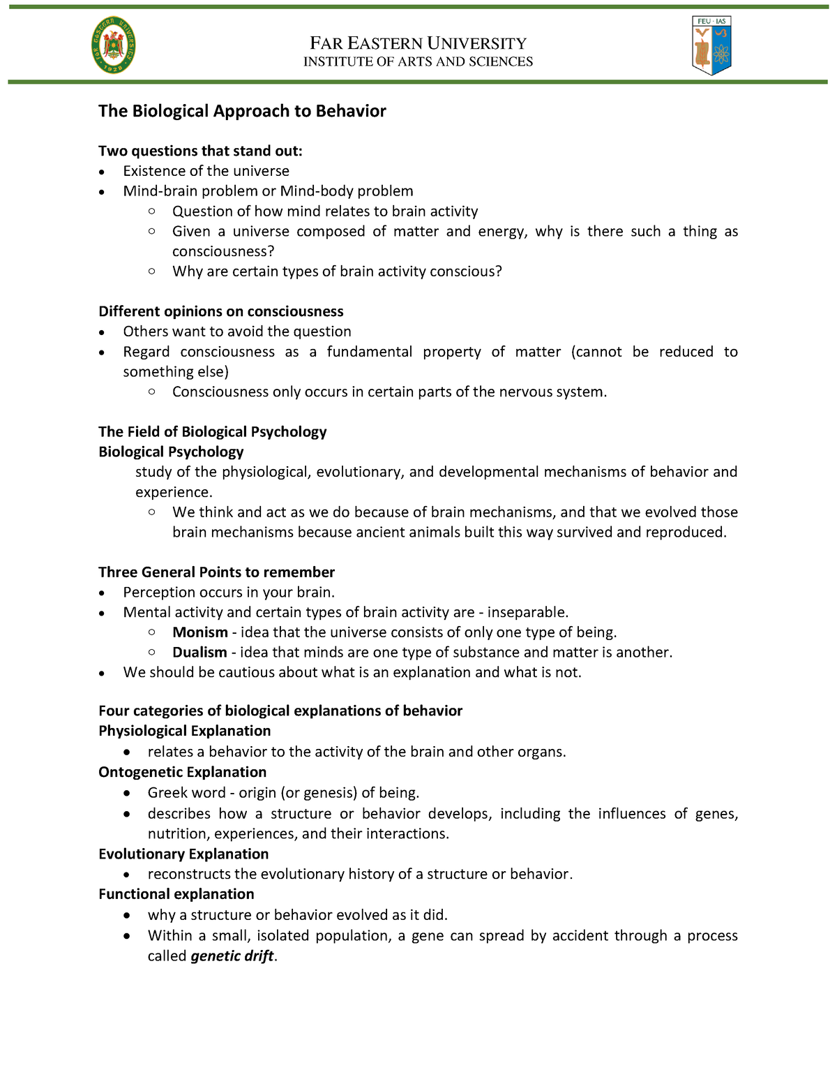 Bio Psych-Midterm-Reviewer - INSTITUTE OF ARTS AND SCIENCES The ...