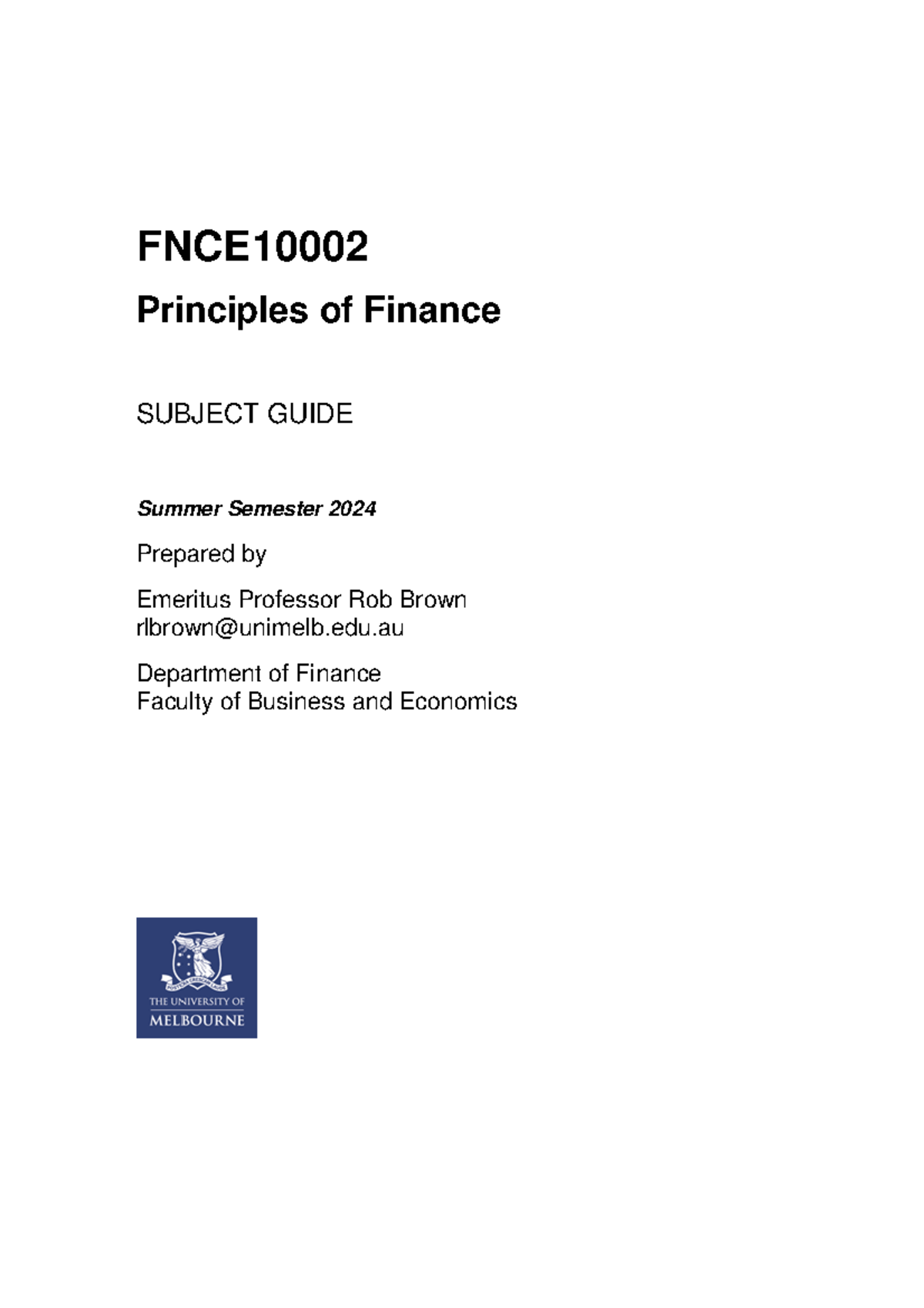 FNCE10002 Summer 2024 Subject Guide - FNCE Principles of Finance ...