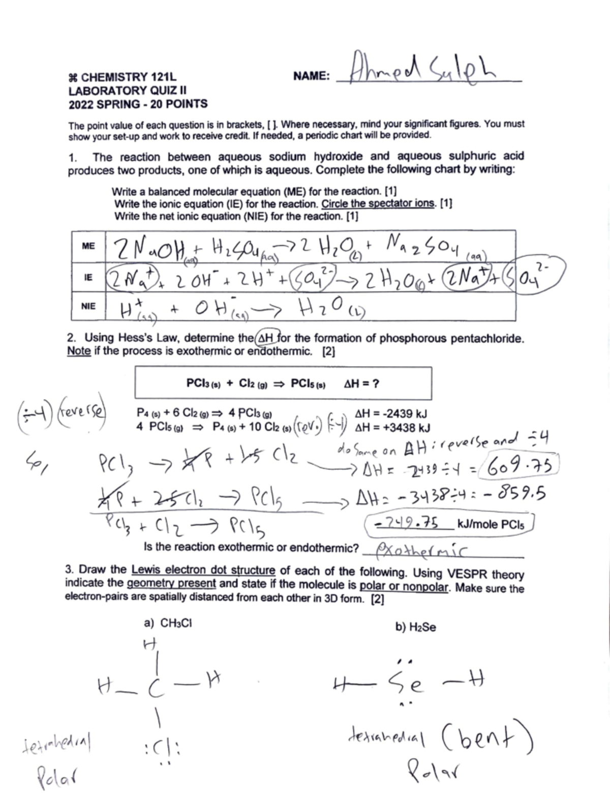 Quiz 1 CHEMISTRY 121L LABORATORY QUIZ II - lpl 3C CHEMISTRY 121 L ...