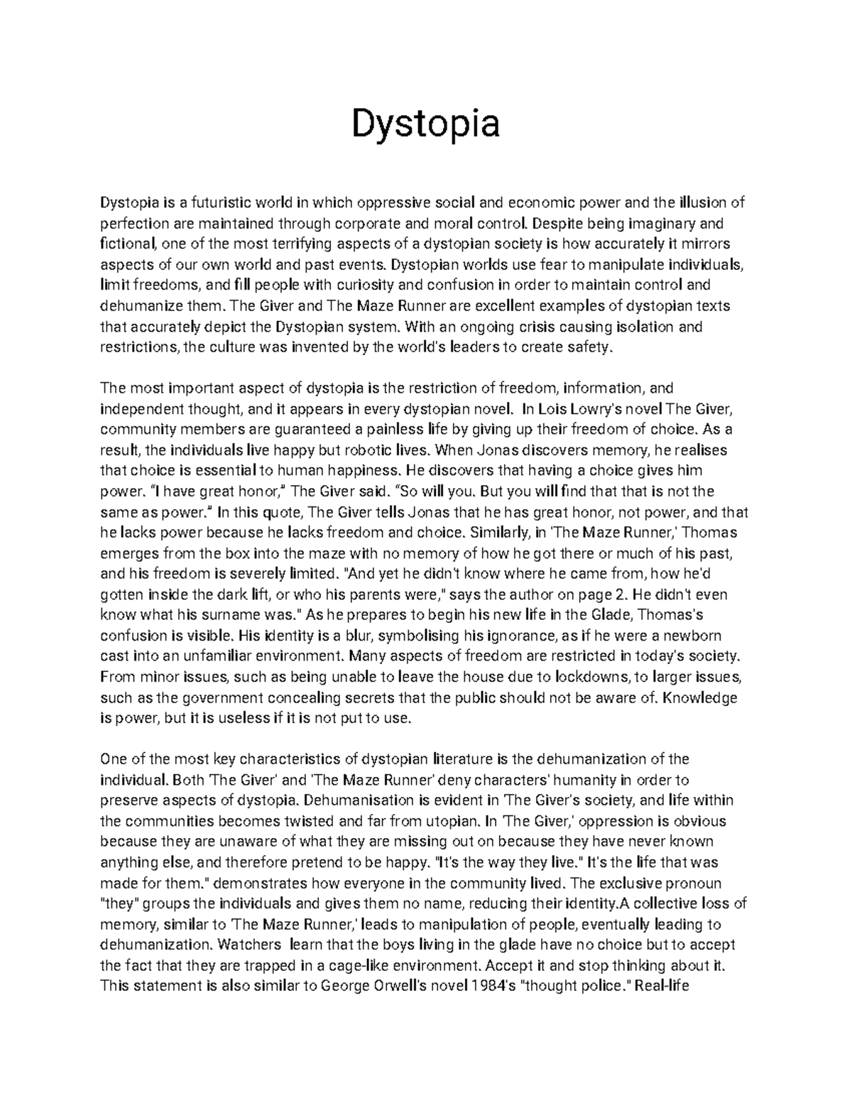 the giver essay dystopia