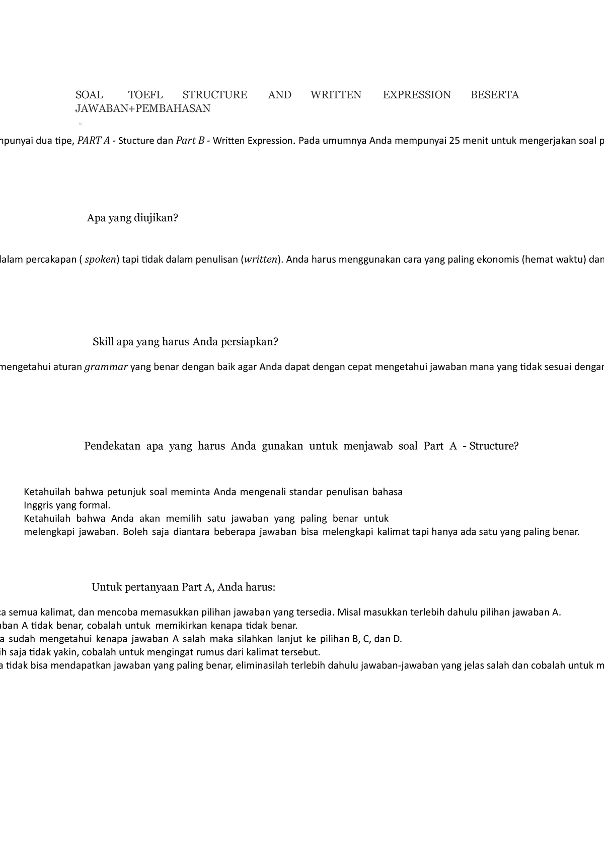 Soal Toefl Structure And Written Expression Beserta Jawaban Tipe PART A Stucture Dan Part B