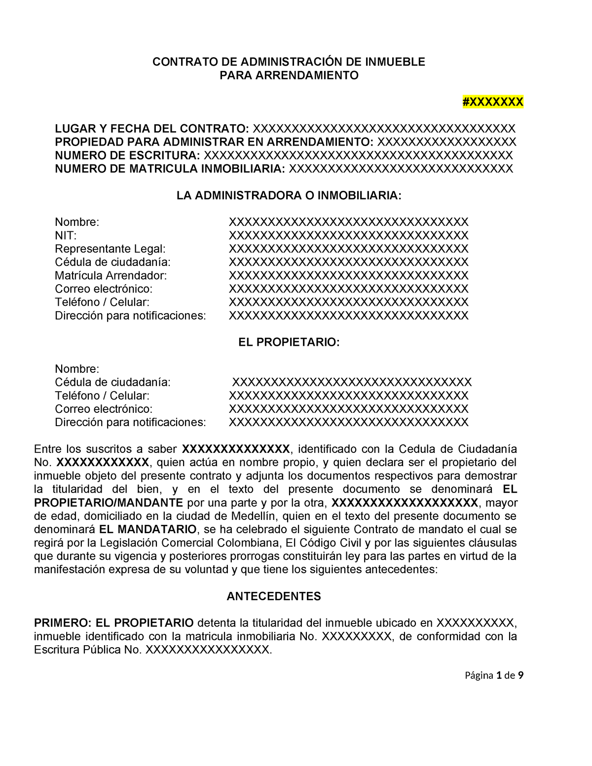 Modelo Contrato De Mandato Contrato De AdministraciÓn De Inmueble Para Arrendamiento Xxxxxxx 0952