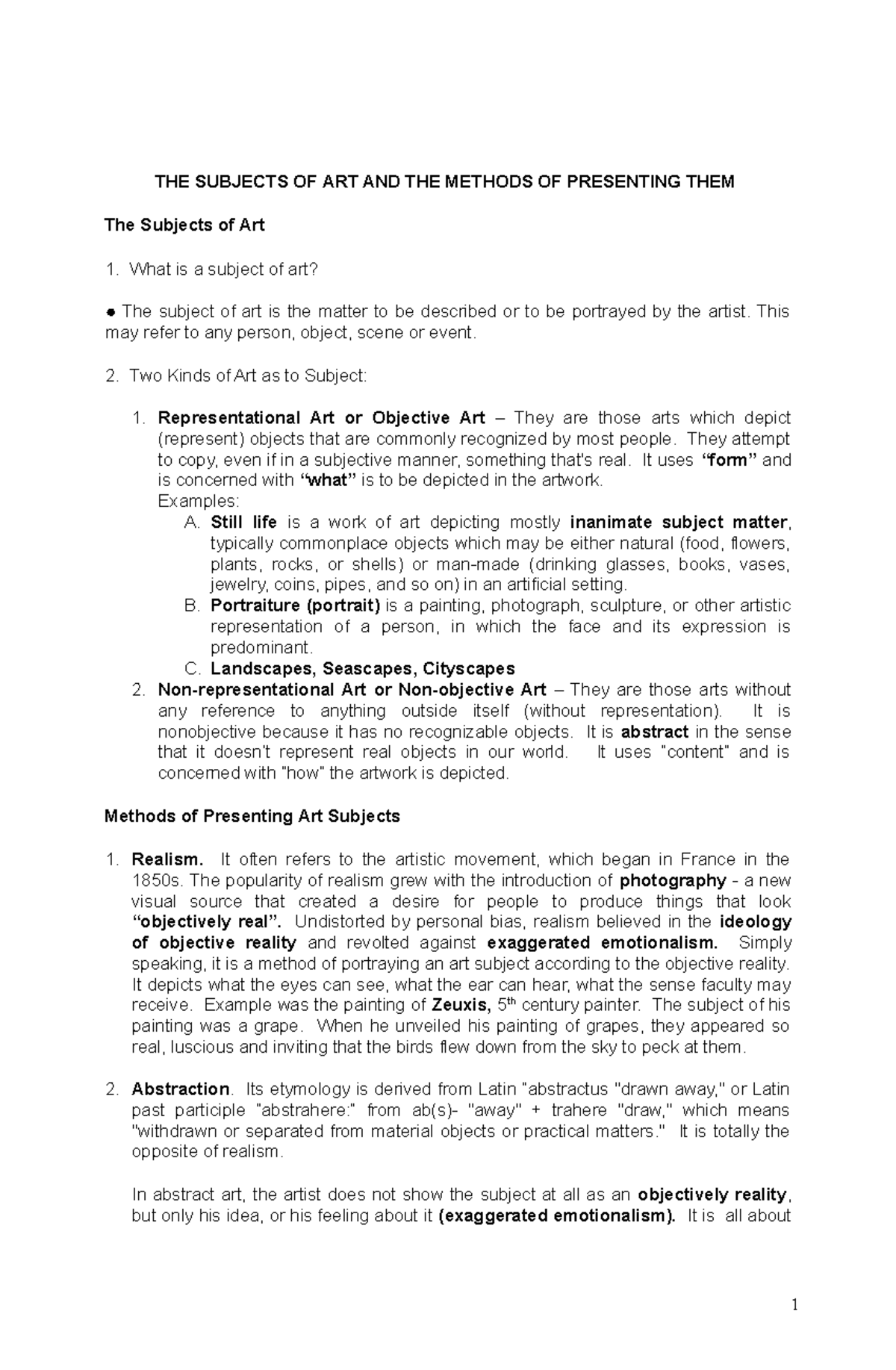 Art Appreciation Lecture Notes 3 THE SUBJECTS OF ART AND THE