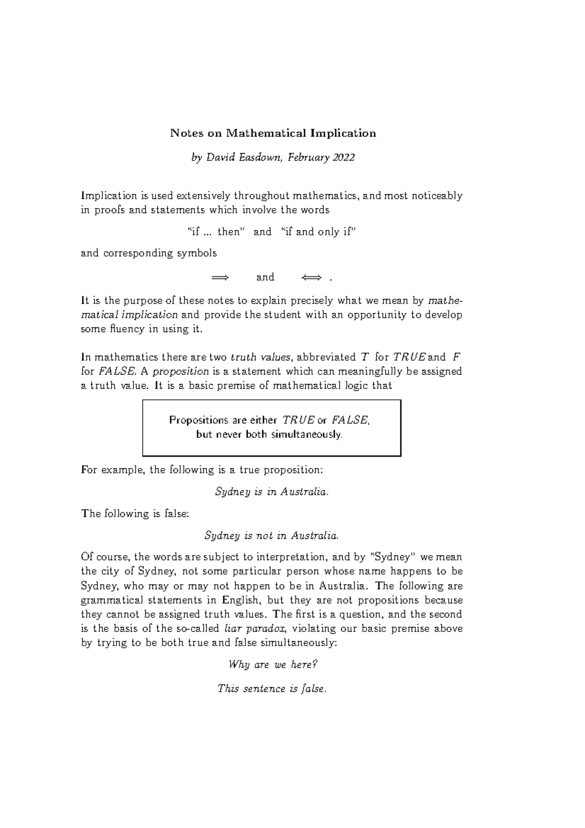 Implication Notes - Notes on Mathematical Implication by David Easdown ...