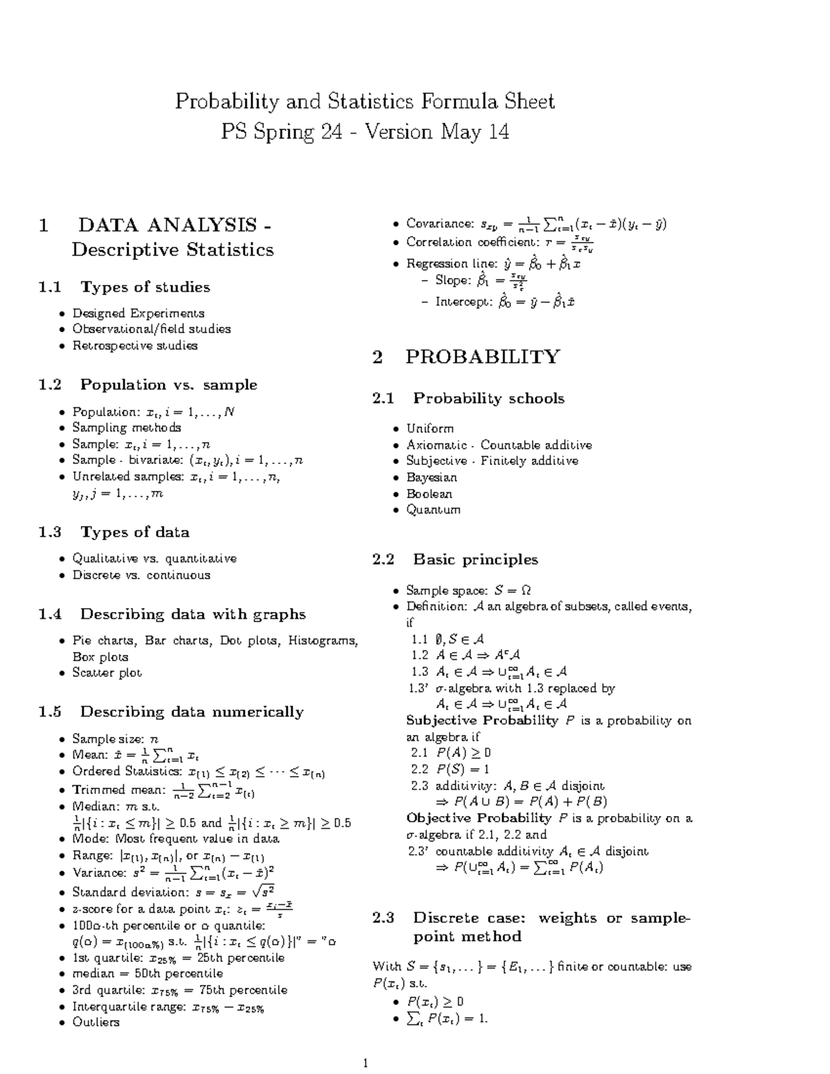 Prob Stat Spring 24 - Formula Sheet - Probability and Statistics ...