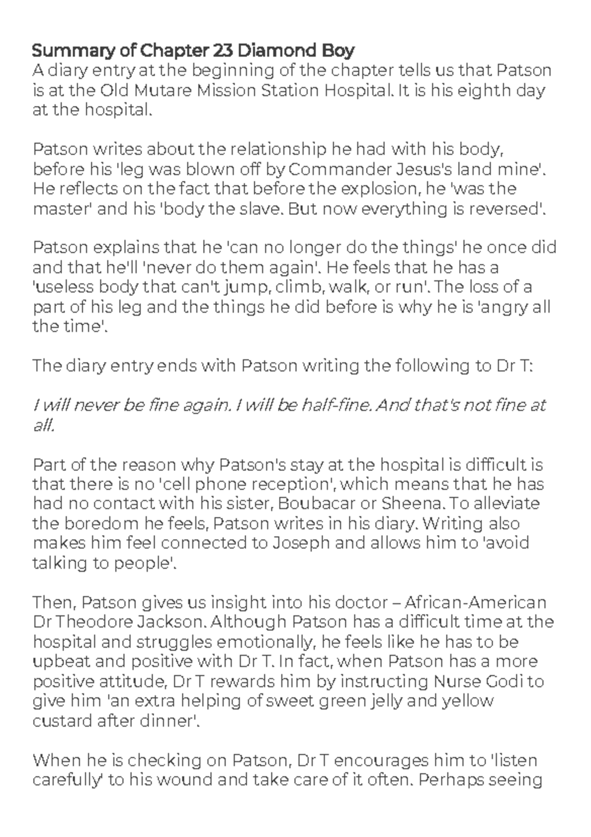 Summary of Chapter 23 Diamond Boy - It is his eighth day at the ...