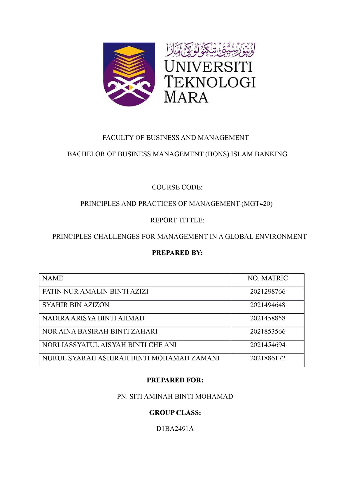 MGT GROUP SEM 2 Assignment 2 - FACULTY OF BUSINESS AND MANAGEMENT ...